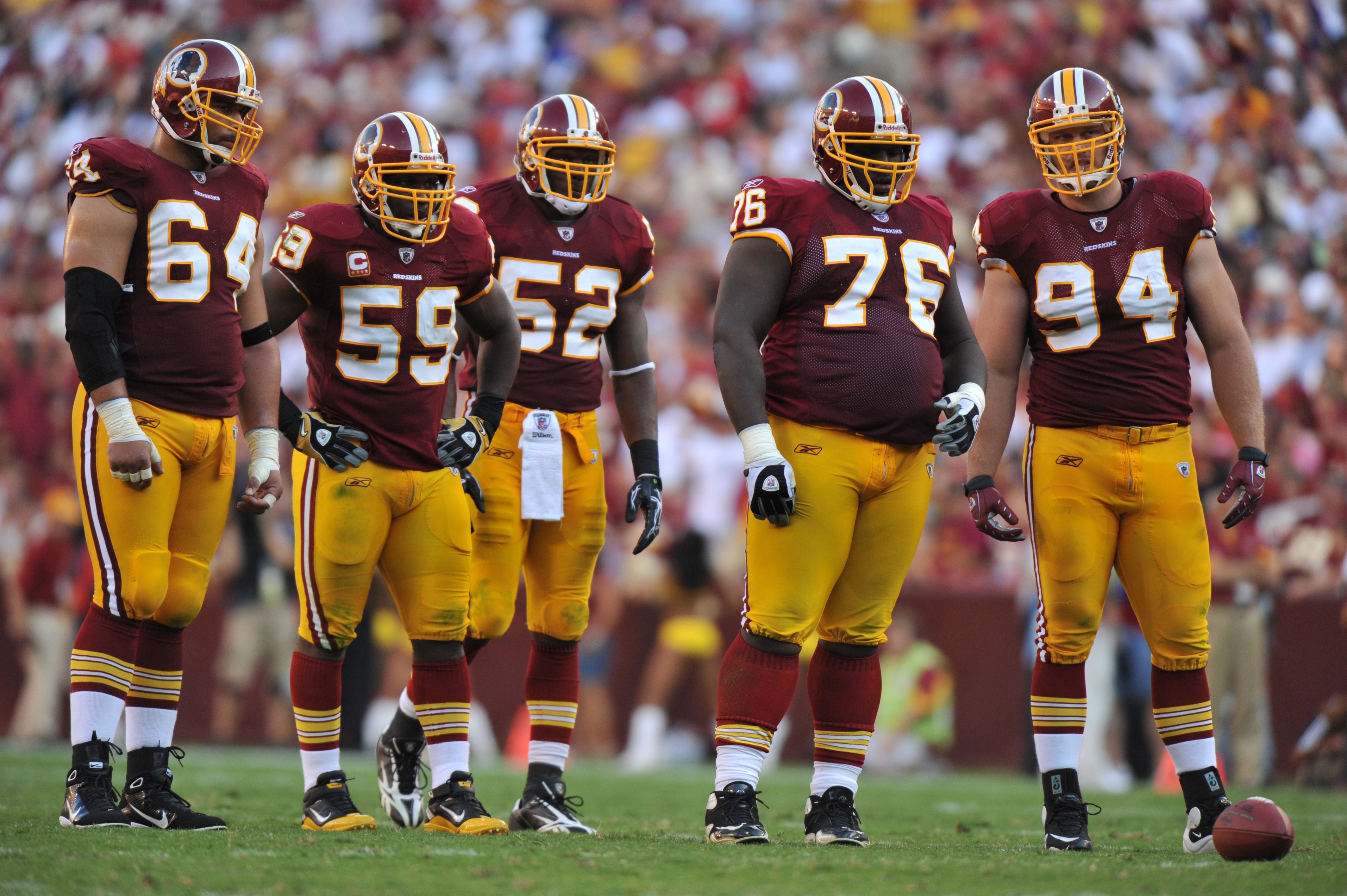 LANDOVER, MD - SEPTEMBER 19: The Washington Redskins defense awaits the snap during the game against the Houston Texans at FedExField on September 19, 2010 in Landover, Maryland. The Texans defeated the Redskins in overtime 30-27. (Photo by Larry French/