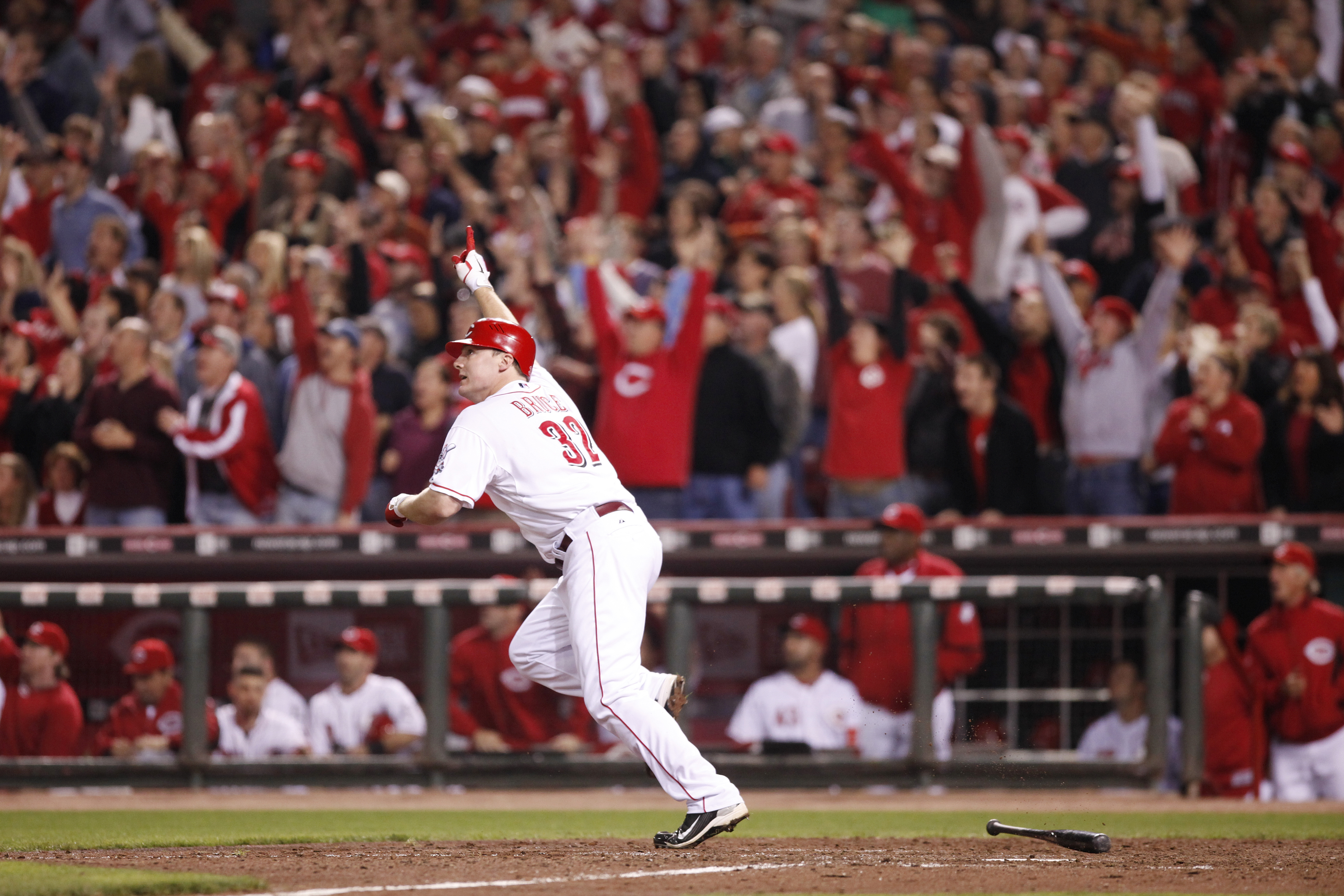 CINCINNATI, OH - SEPTEMBER 28: Jay Bruce #32 of the Cincinnati Reds celebrates a walk off home run against the Houston Astros at Great American Ball Park on September 28, 2010 in Cincinnati, Ohio. The Reds won 3-2 to clinch the NL Central Division title.
