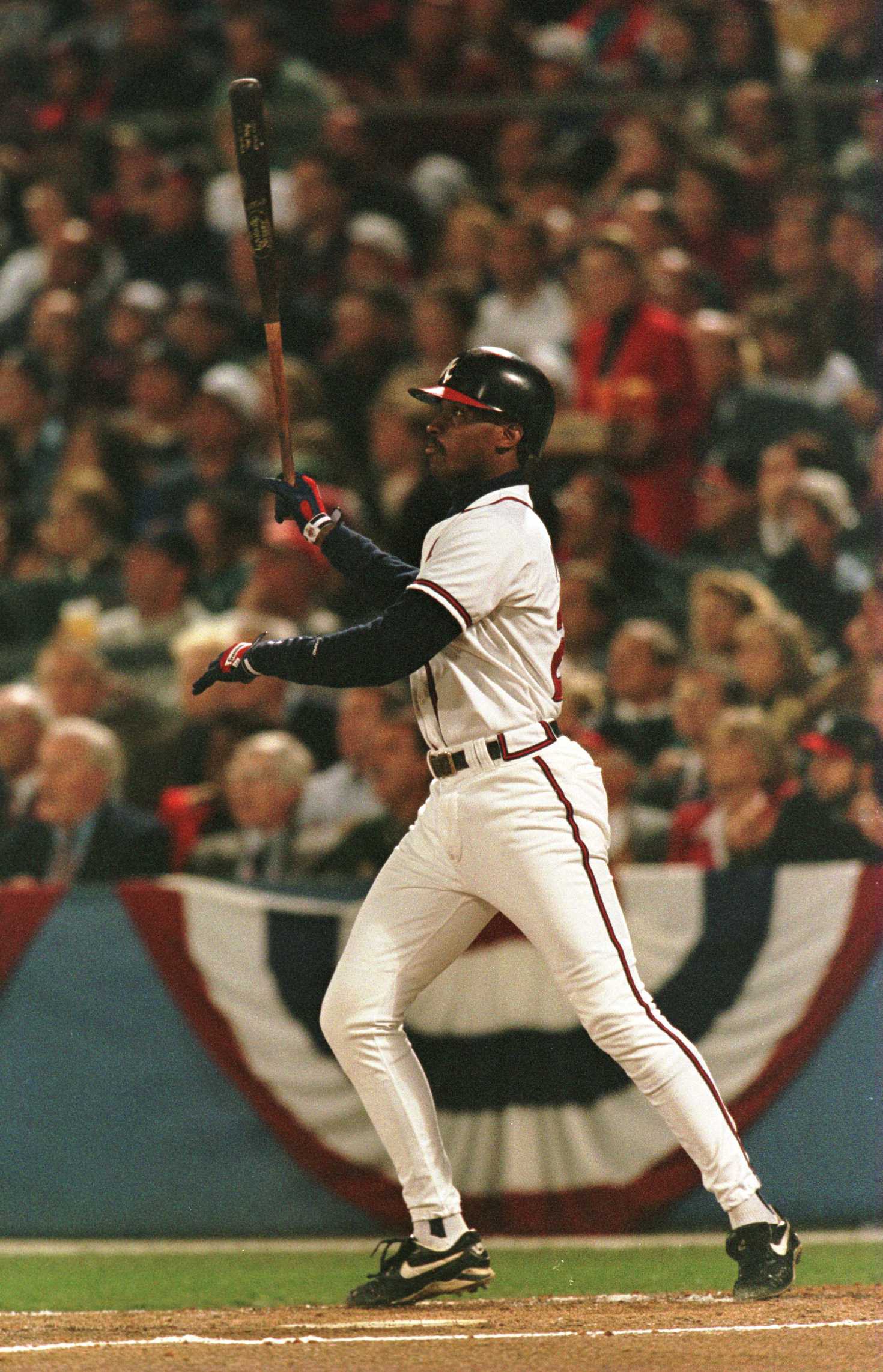 23 Oct 1996:  Fred McGriff of the Atlanta Braves looks up after he blasts a home run against the New York Yankees in the second innin of game four of the World Series at Fulton County Stadium in Atlanta, Georgia. Mandatory Credit: Stephen Dunn/Allsport