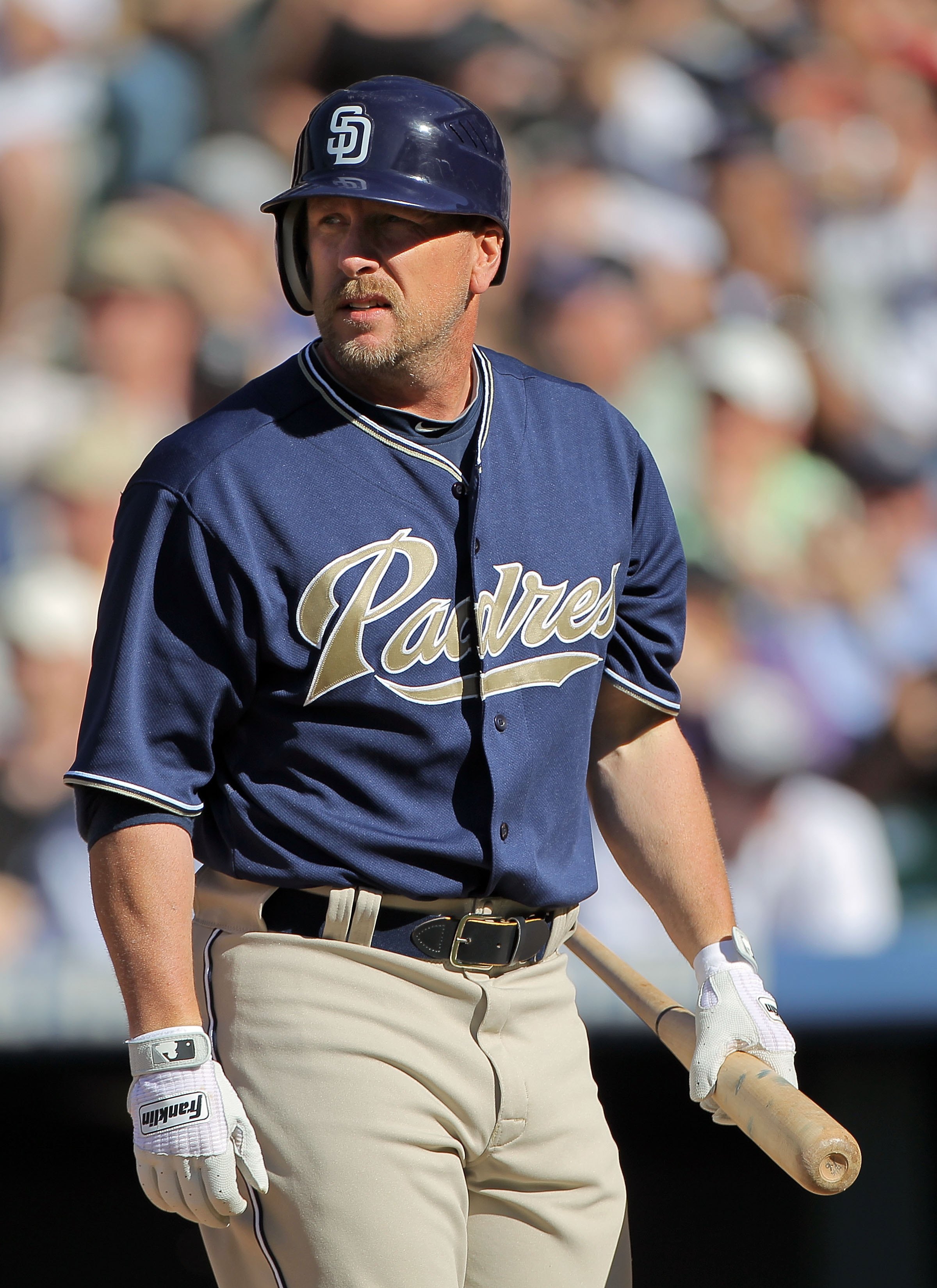 DENVER - APRIL 09:  Matt Stairs #16 of the San Diego Padres pinch hits against the Colorado Rockies during MLB action on Opening Day at Coors Field on April 9, 2010 in Denver, Colorado. The Rockies defeated the Padres 7-0.  (Photo by Doug Pensinger/Getty