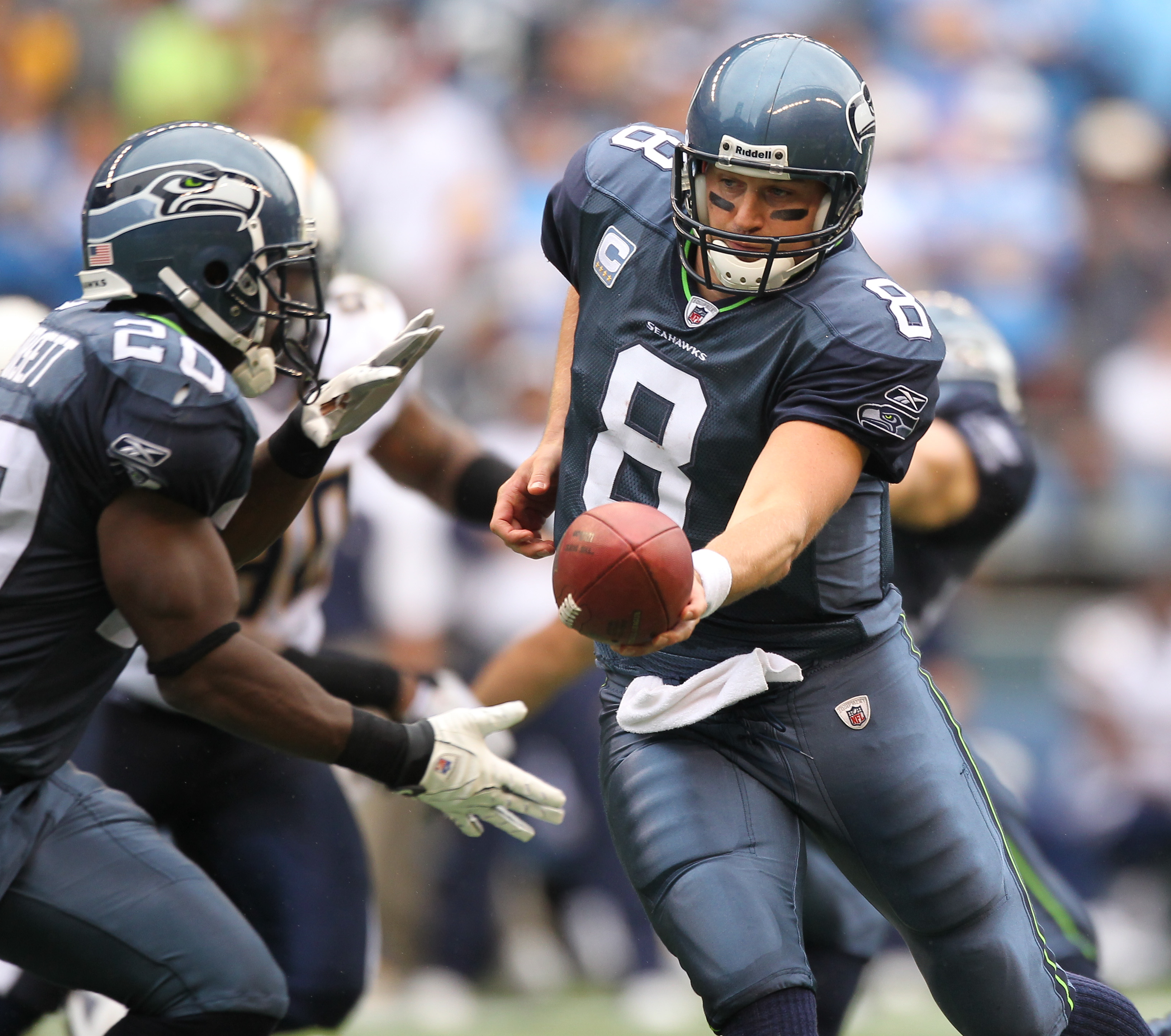 Seattle Seahawks QB Matt Hasselbeck puts his hands to his helmet realizing  the game is won following a 4th quarter TD in the NFC Championship at Qwest  Field in Seattle on January