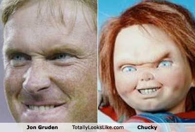 Oakland, California, USA. 26th Sep, 2004. Raider fan holds up Chucky doll  head to intimidate Buccaneers head coach Jon Gruden on Sunday, September  26, 2004, in Oakland, California. The Raiders defeated the