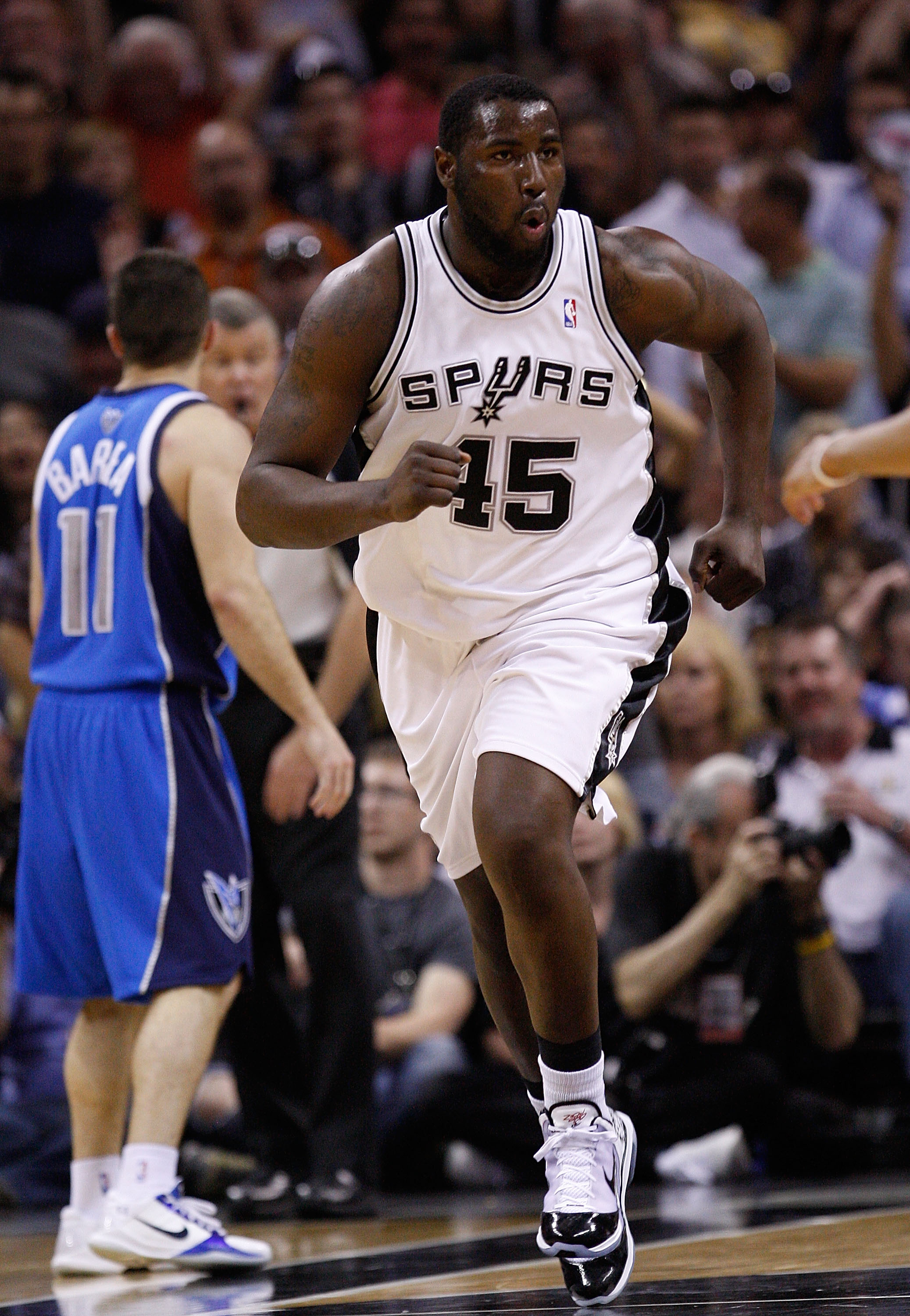 SAN ANTONIO - APRIL 25:  Center DeJuan Blair #45 of the San Antonio Spurs reacts during a 92-89 win against the Dallas Mavericks in Game Four of the Western Conference Quarterfinals during the 2010 NBA Playoffs at AT&T Center on April 25, 2010 in San Anto