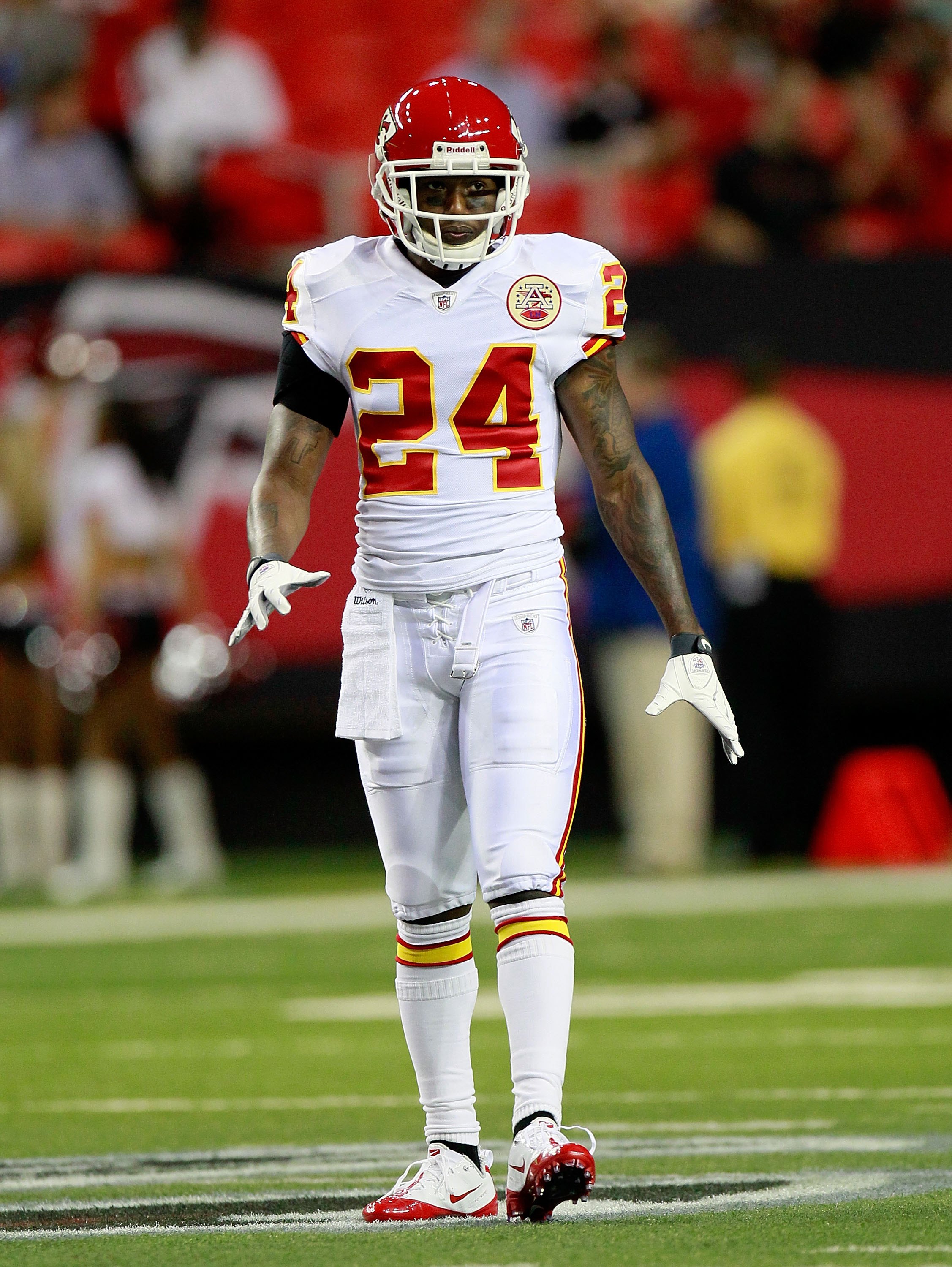 7 September 2008. Chiefs Cornerback Brandon Flowers (24) during pregame  warmups. The New England Patriots defeated the Kansas City Chiefs 17 to 10  on Week One of the NFL Season in Gillette