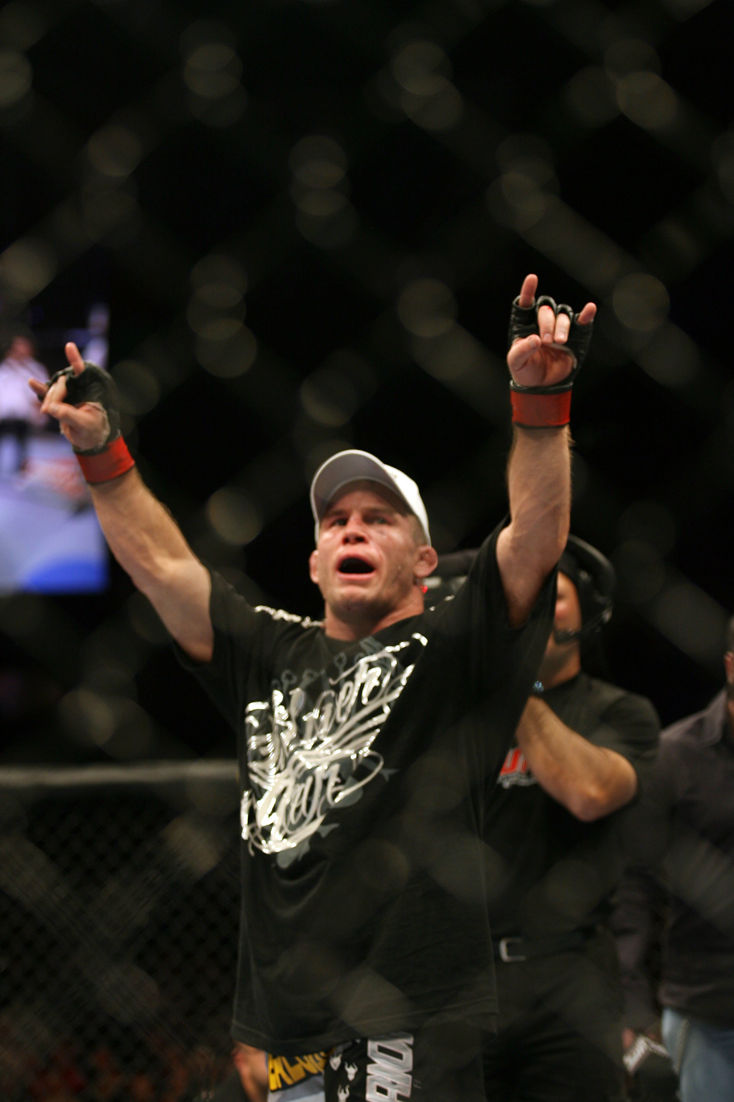 CHICAGO - OCTOBER 25:  Sean Sherk celebrates his win in the Lightweight bout at UFC's Ultimate Fight Night at Allstate Arena on October 25, 2008 in Chicago, Illinois. (Photo by Tasos Katopodis/Getty Images)