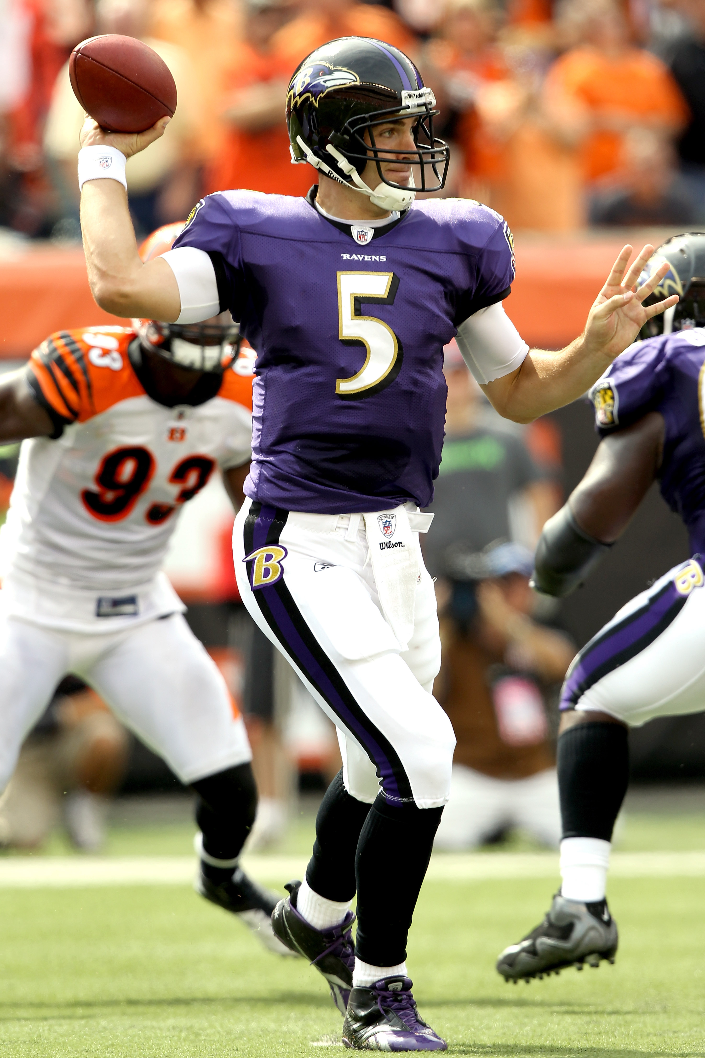 13 September 2010: Baltimore Ravens quarterback Joe Flacco (5) during the  second half of the Baltimore Ravens vs New York Jets game at the New  Meadowlands Stadium in East Rutherford, New Jersey