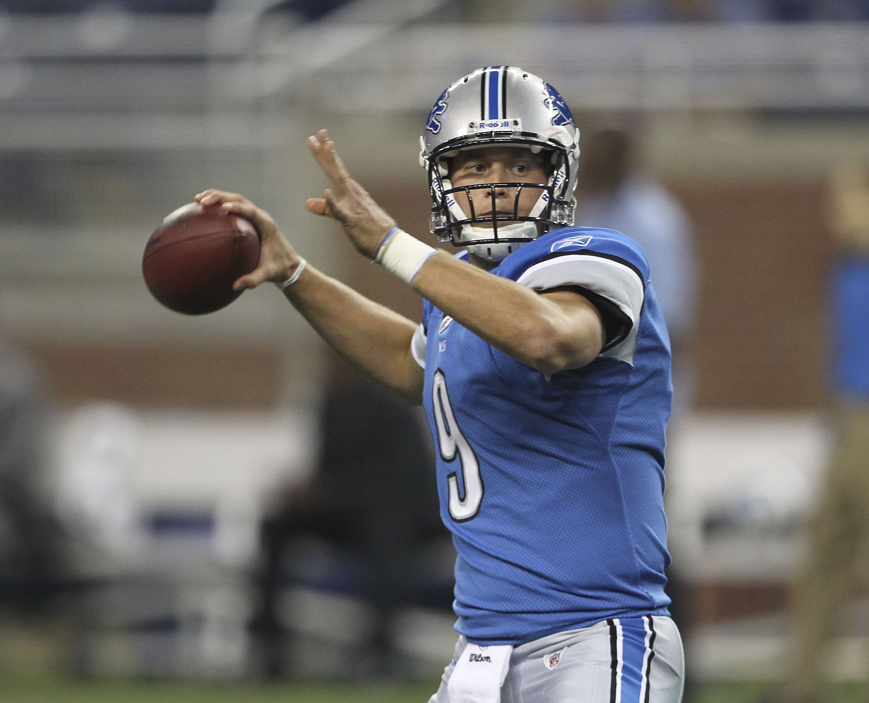 DETROIT - SEPTEMBER 02:  Matthew Stafford #9 of the Detroit Lions warms up prior to the start of the preseason game against the Buffalo Bills at Ford Field on September 2, 2010 in Detroit, Michigan.  (Photo by Leon Halip/Getty Images)