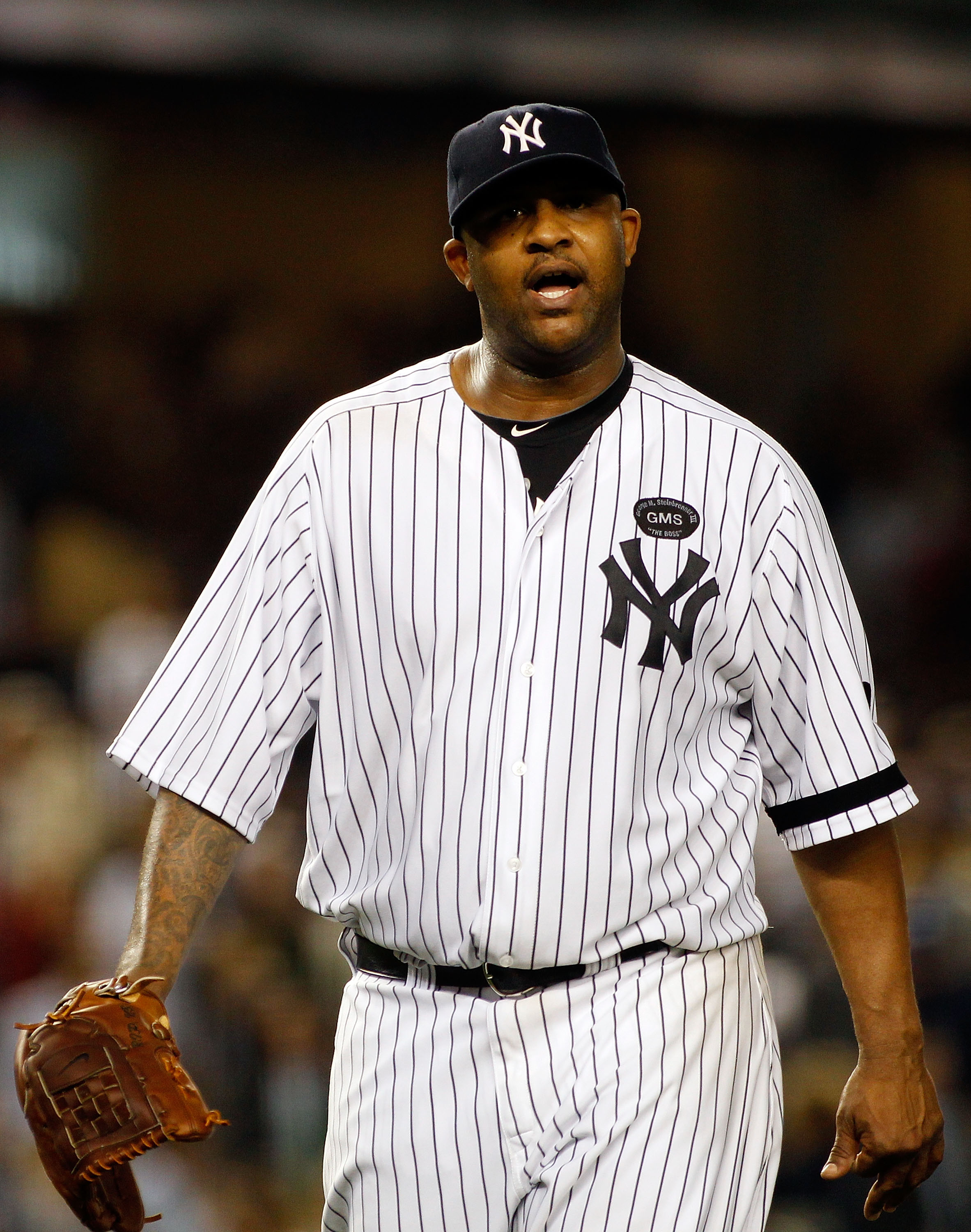 NEW YORK - SEPTEMBER 23:  CC Sabathia #52 of the New York Yankees looks on against the Tampa Bay Rays on September 23, 2010 at Yankee Stadium in the Bronx borough of New York City.  (Photo by Mike Stobe/Getty Images)