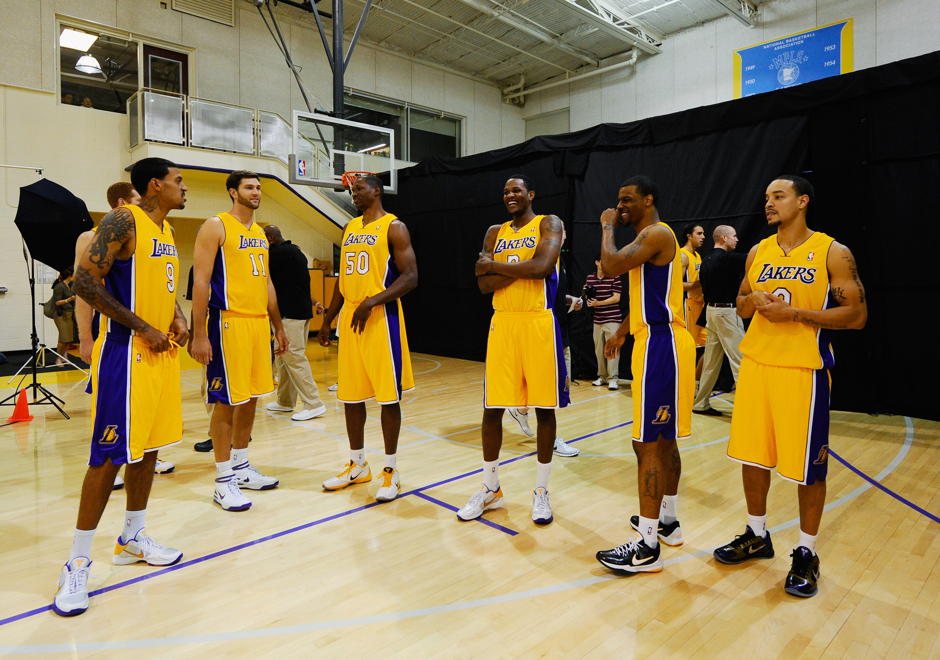 EL SEGUNDO, CA - SEPTEMBER 25:  (L-R) New Los Angeles Lakers, Matt Barnes #9, Russell Hicks #11, Theo Ratliff #50, Devin Ebanks #3 Trey Johnson #1 and Anthony Roberson #0 of the Los Angeles Lakers laugh during Media Day at the Toyota Center on September 2