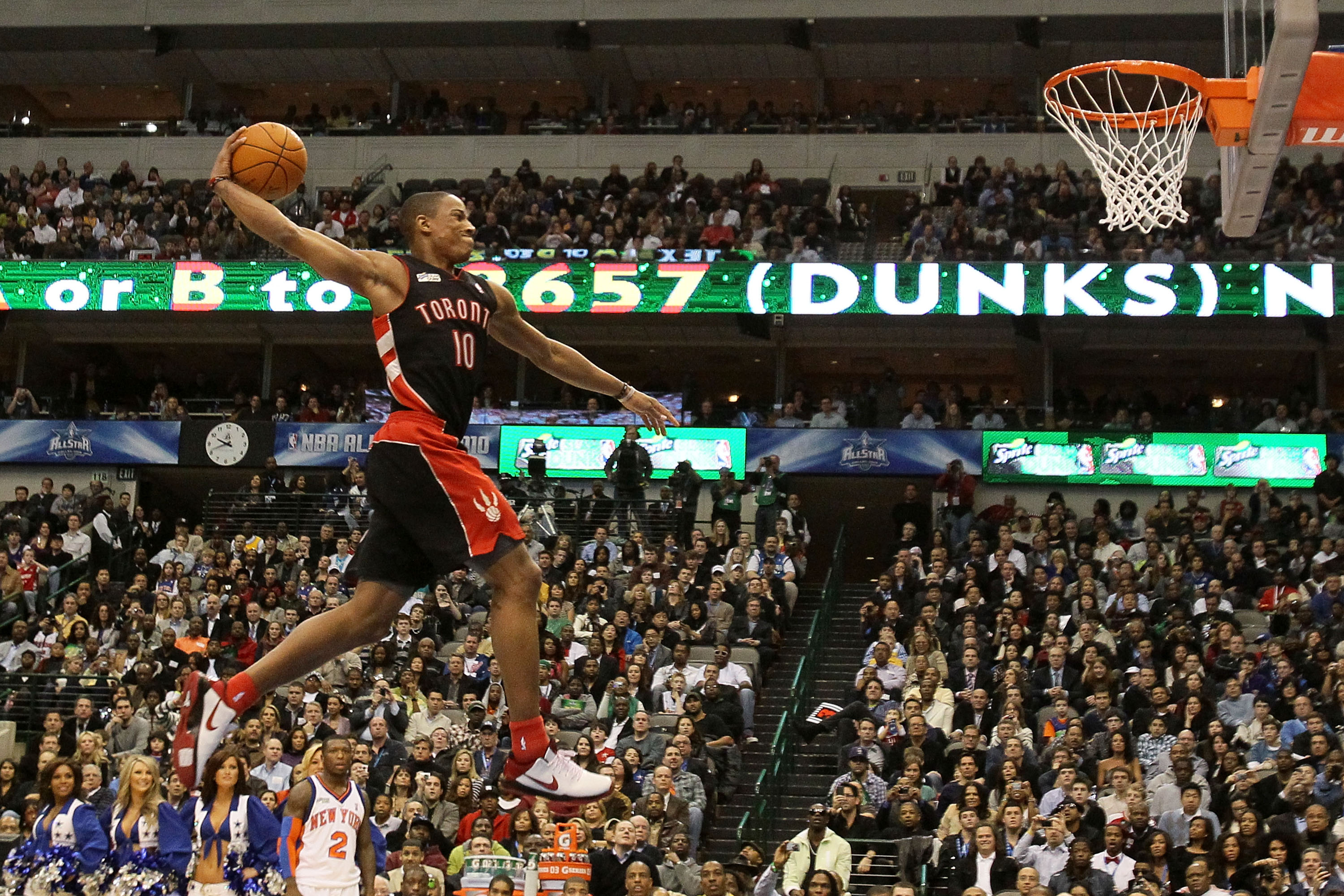 DALLAS - FEBRUARY 13:  DeMar DeRozan #10 of the Toronto Raptors goes up for a dunk during the Sprite Slam Dunk Contest on All-Star Saturday Night, part of 2010 NBA All-Star Weekend at American Airlines Center on February 13, 2010 in Dallas, Texas. NOTE TO
