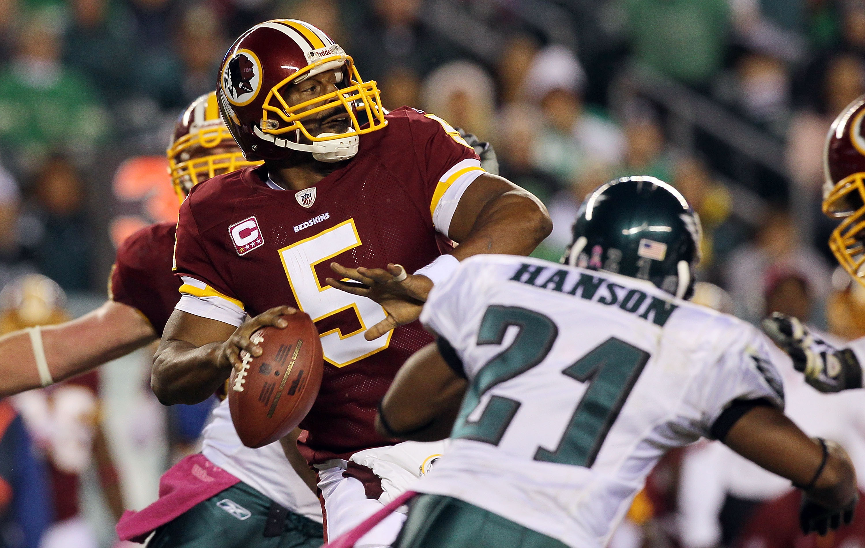 PHILADELPHIA - OCTOBER 03: Donovan McNabb #5 of the Washington Redskins throws a pass in the second half against the Philadelphia Eagles on October 3, 2010 at Lincoln Financial Field in Philadelphia, Pennsylvania. The Redskins defeated the Eagles 17-12.