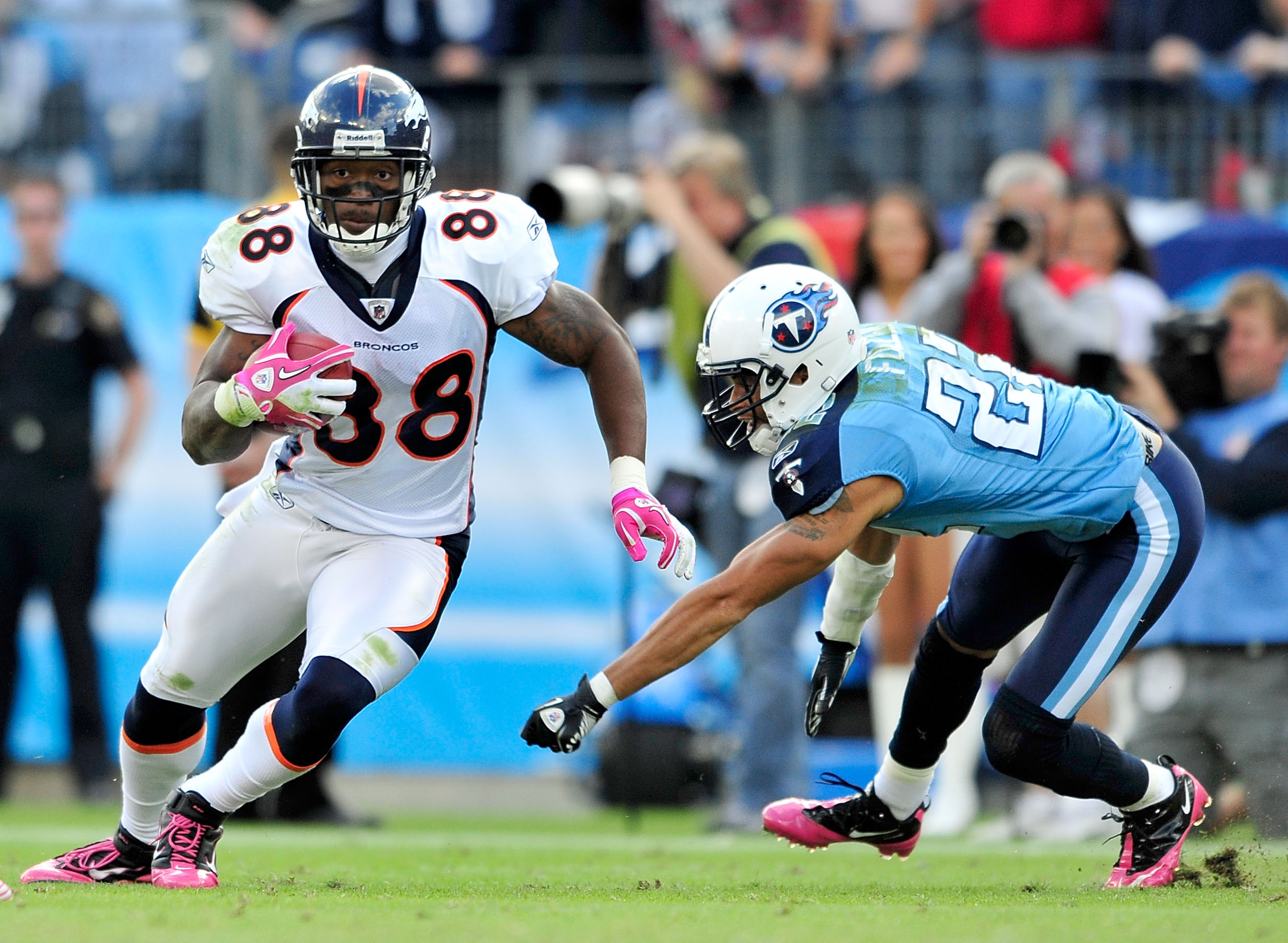 NASHVILLE, TN - OCTOBER 03:  Demaryius Thomas #88 of the Denver Broncos breaks away from Vincent Fuller #22 of the Tennessee Titans  at LP Field on October 3, 2010 in Nashville, Tennessee. Denver won 26-20.  (Photo by Grant Halverson/Getty Images)