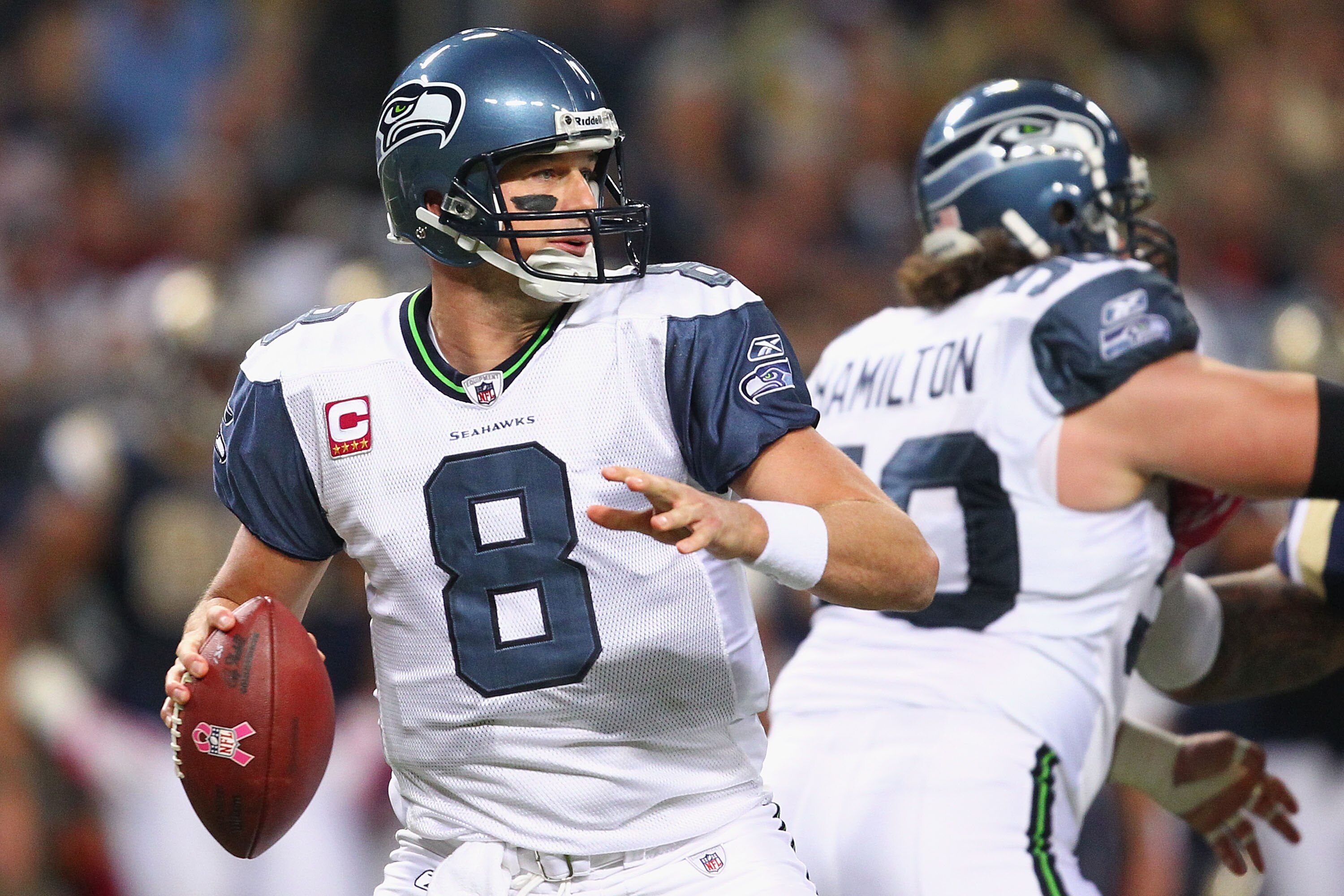 ST. LOUIS - OCTOBER 3: Matt Hasselbeck #8 of the Seattle Seahawks looks to pass against the St. Louis Rams at the Edward Jones Dome on October 3, 2010 in St. Louis, Missouri. The Rams beat the Seahawks 20-3. (Photo by Dilip Vishwanat/Getty Images)
