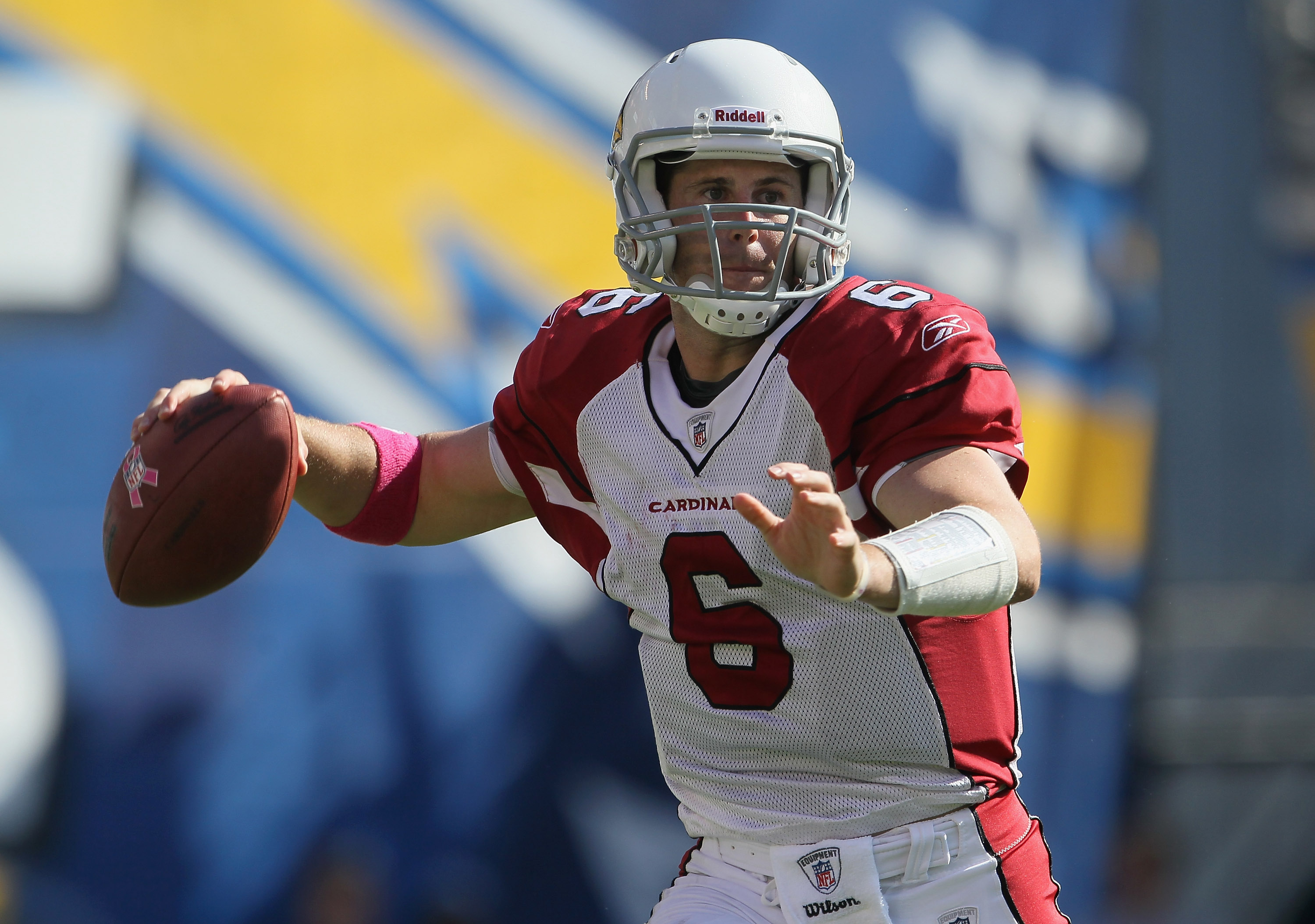 SAN DIEGO - OCTOBER 03:  Quarterback Max Hall #6 of the Arizona Cardinals drops back to pass in the third quarter against the San Diego Chargers at Qualcomm Stadium on October 3, 2010 in San Diego, California. The Chargers defeated the Cardinals 41-10.  (