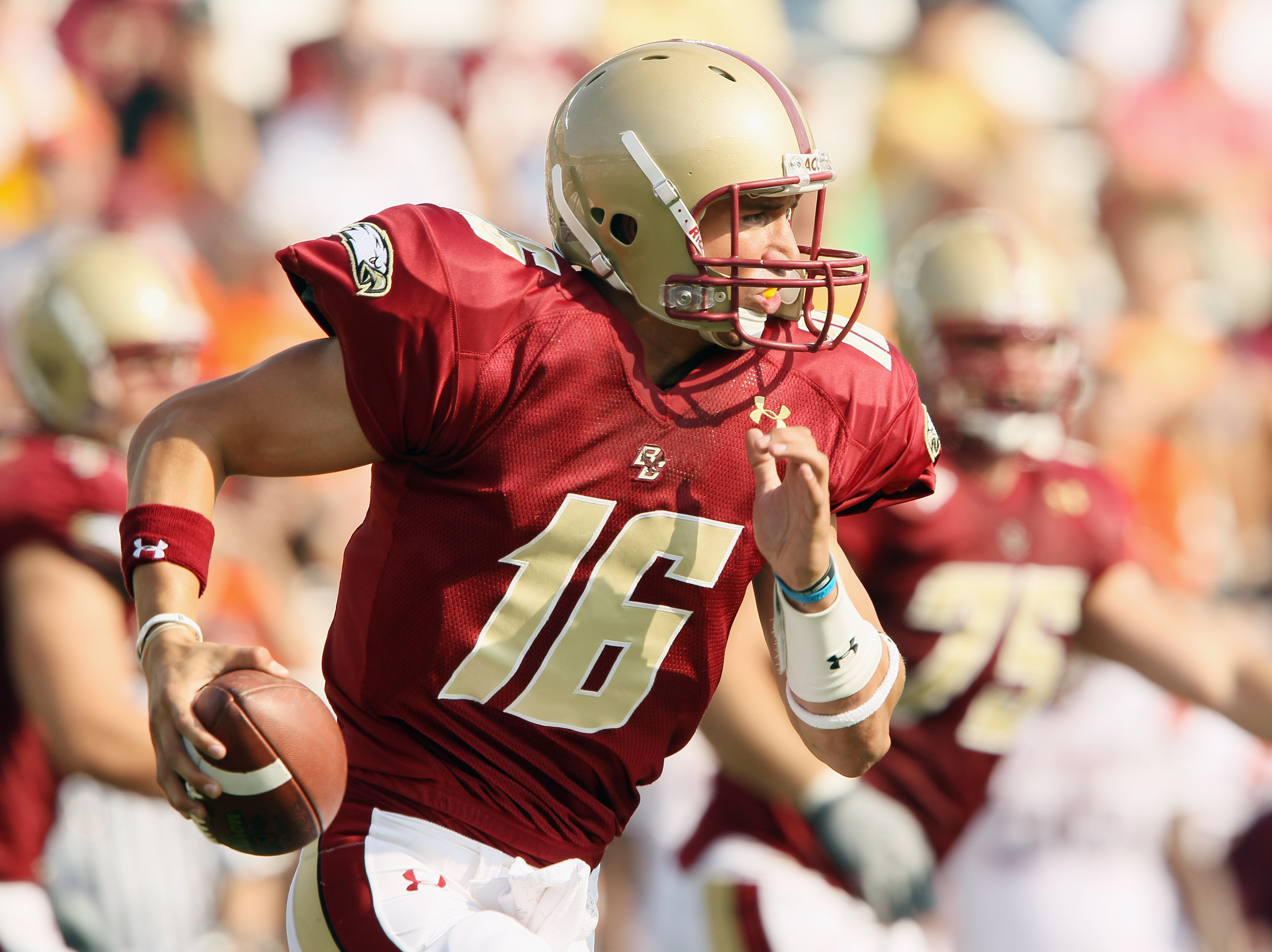 CHESTNUT HILL, MA - SEPTEMBER 25:  Mike Marscovetra #16 of the Boston College Eagles scrambles with the ball in the fourth quarter against the Virginia Tech Hokies on September 25, 2010 at Alumni Stadium in Chestnut Hill, Massachusetts. Virginia Tech defe