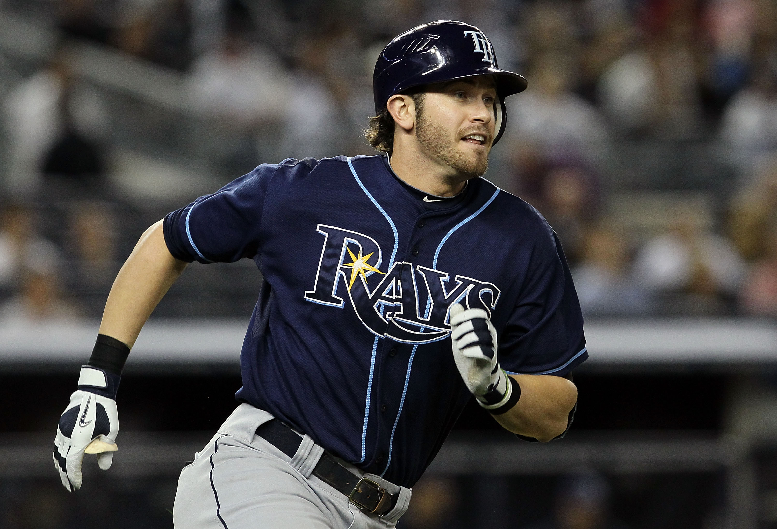 NEW YORK - SEPTEMBER 20:  Evan Longoria #3 of the Tampa Bay Rays runs to first base after his ninth inning RBI single against the New York Yankees on September 20, 2010 at Yankee Stadium in the Bronx borough of New York City. The Yankees defeated the Rays