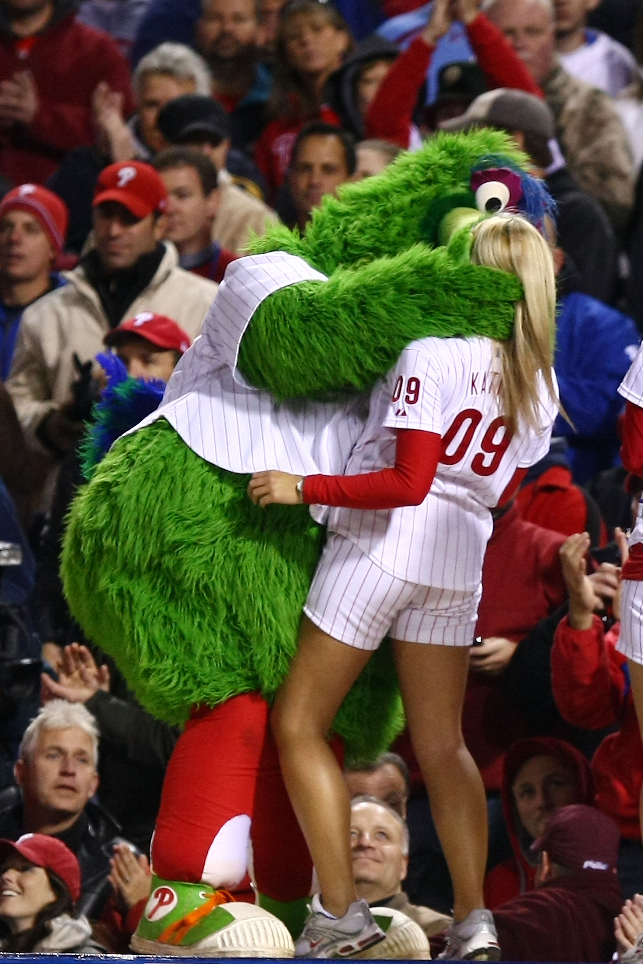 PHILADELPHIA - OCTOBER 19:  The Philly Phanatic, mascot for the Philadelphia Phillies performs against the Los Angeles Dodgers in Game Four of the NLCS during the 2009 MLB Playoffs at Citizens Bank Park on October 19, 2009 in Philadelphia, Pennsylvania.  