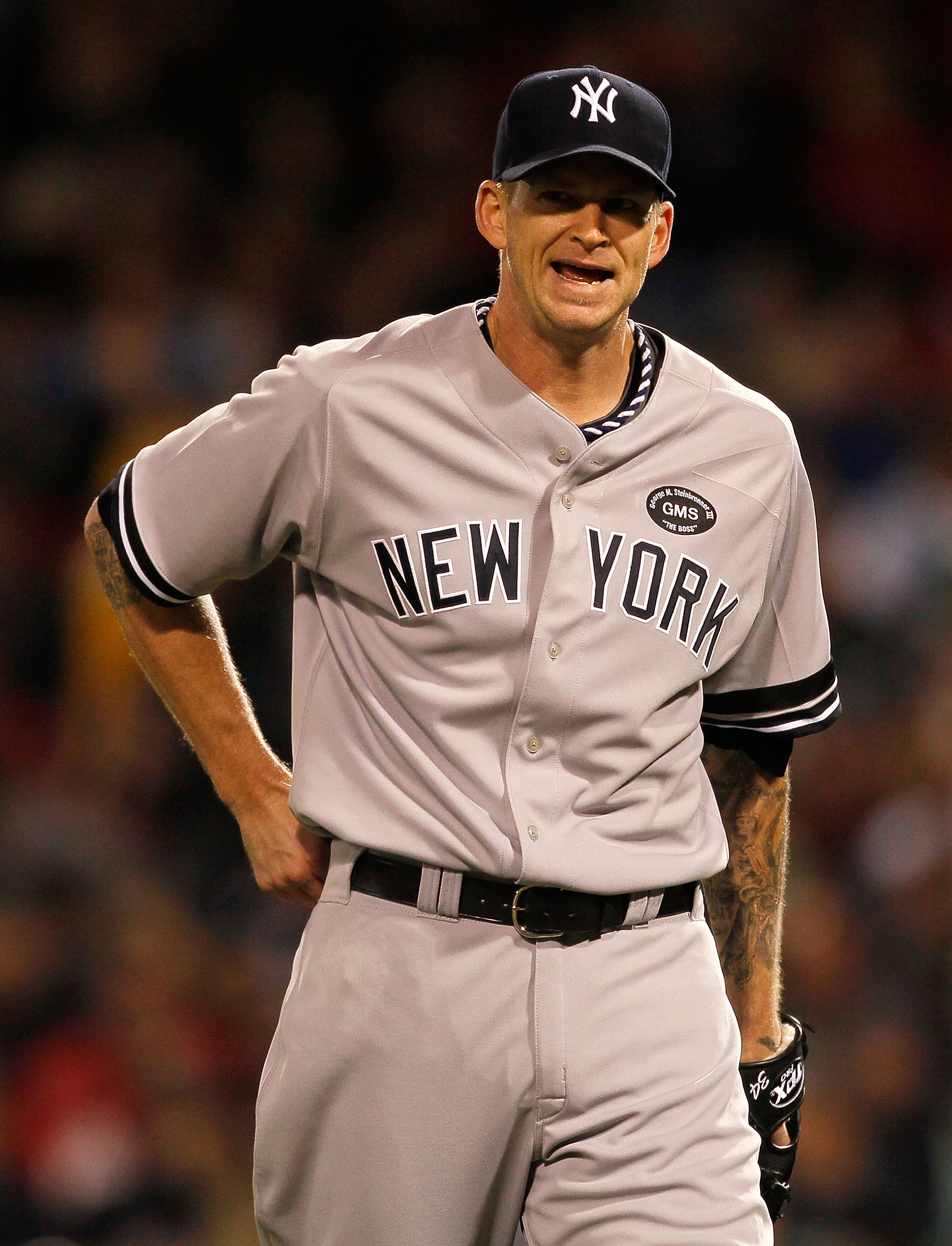 BOSTON - OCTOBER 2:  A.J. Burnett #34 of the New York Yankees reacts against the Boston Red Sox in the second game of a doubleheader at Fenway Park, October 2, 2010, in Boston, Massachusetts. (Photo by Jim Rogash/Getty Images)