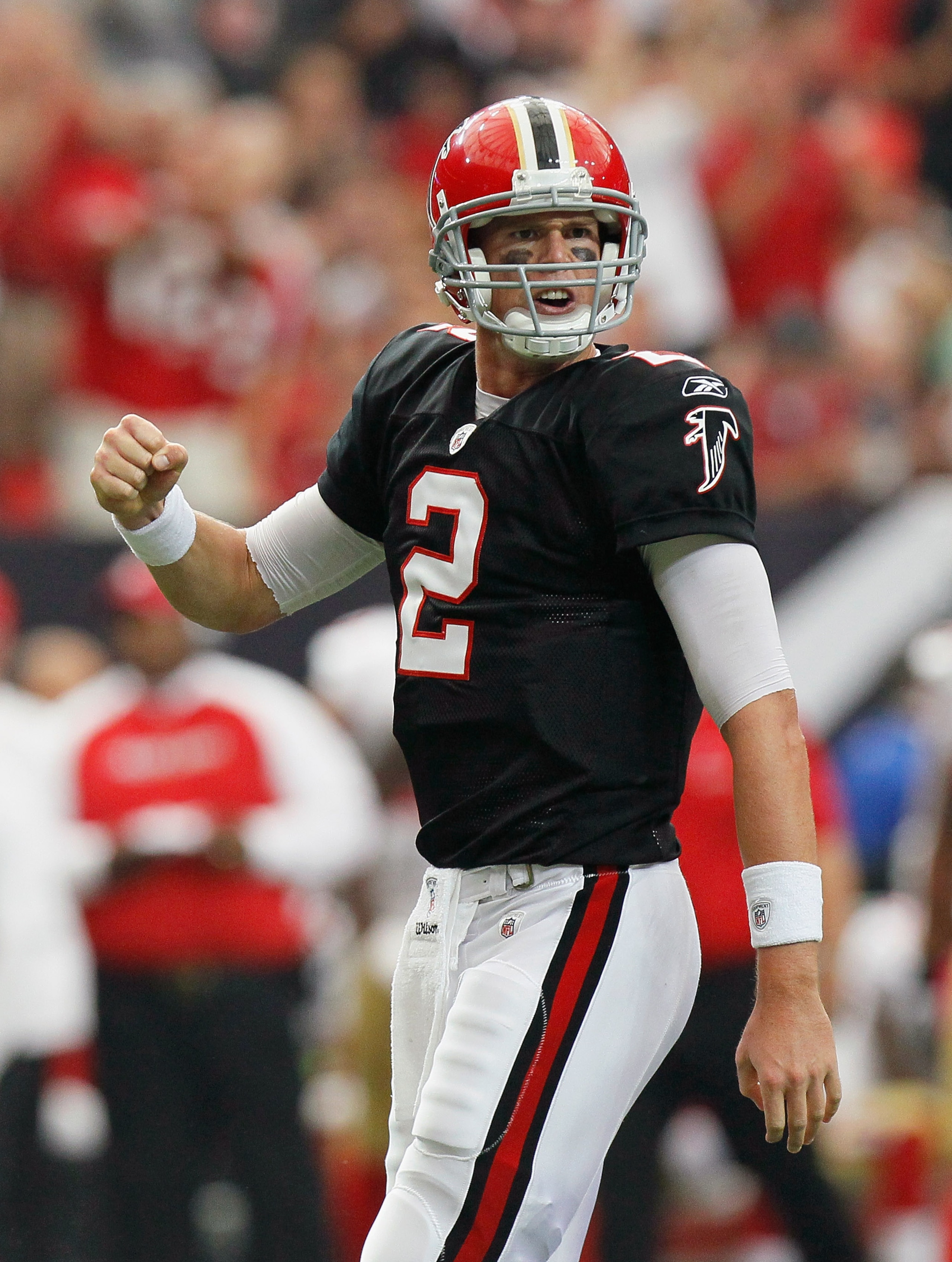 ATLANTA - OCTOBER 03: Quarterback Matt Ryan #2 of the Atlanta Falcons reacts after tossing a touchdown reception against the San Francisco 49ers at Georgia Dome on October 3, 2010 in Atlanta, Georgia. (Photo by Kevin C. Cox/Getty Images) ATLANTA - OCTOBER 03: Quarterback Matt Ryan #2 of the Atlanta Falcons reacts after tossing a touchdown reception against the San Francisco 49ers at Georgia Dome on October 3, 2010 in Atlanta, Georgia. (Photo by Kevin C. Cox/Getty Images)