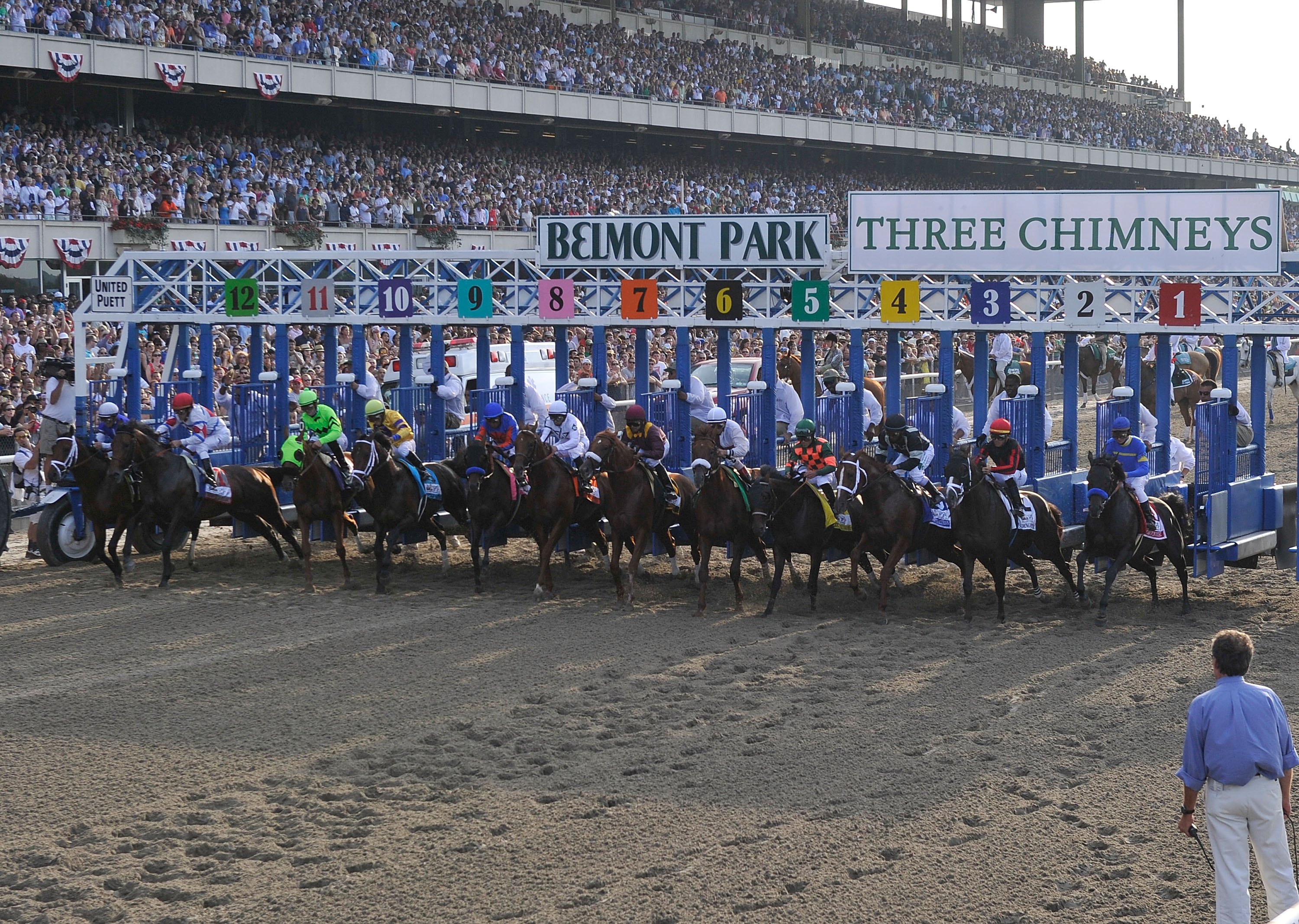 ELMONT, NY - JUNE 05:  The horses break out of the starting gate at the running of the 142nd Belmont Stakes at Belmont Park on June 5, 2010 in Elmont, New York.  (Photo by Paul Bereswill/Getty Images)