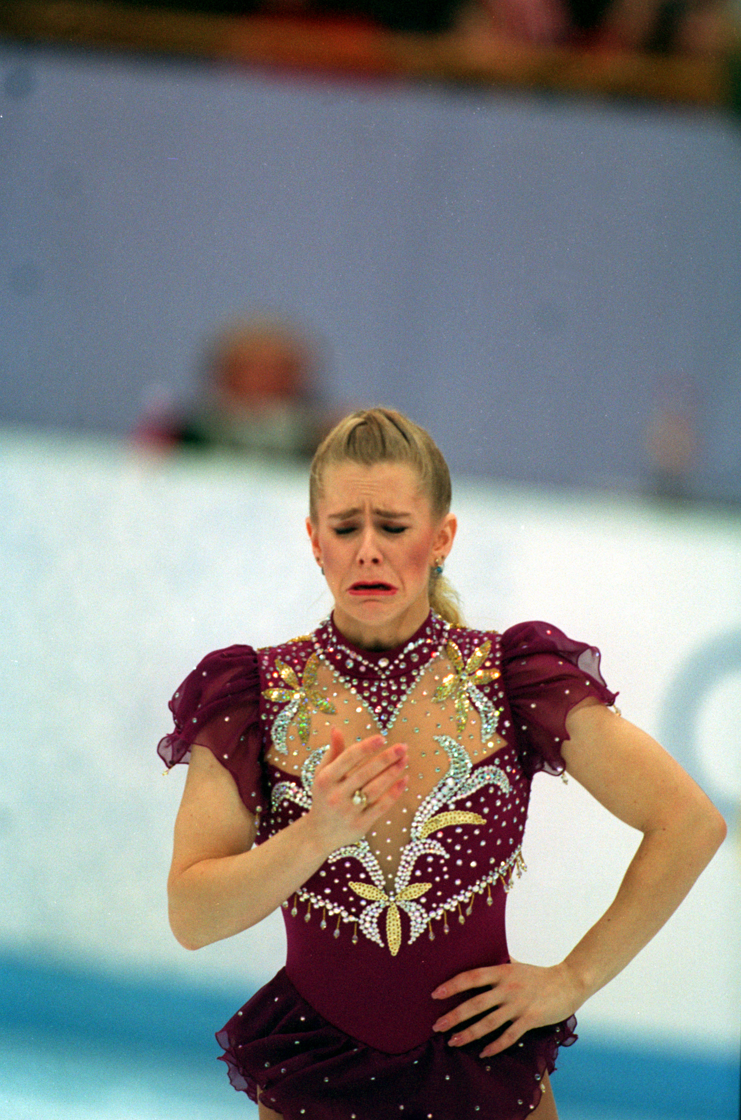 23 FEB 1994:  TONYA HARDING OF THE UNITED STATES LEAVES THE ICE IN TEARS, INTERUPTING HER FREE PROGRAM AT THE 1994 LILLEHAMMER WINTER OLYMPICS.  AFTER CONSULTING THE JUDGES SHE WAS ALLOWED MORE TIME TO REPAIR HER BOOT LACE AND RETURNED TO FINISH HER PROGR