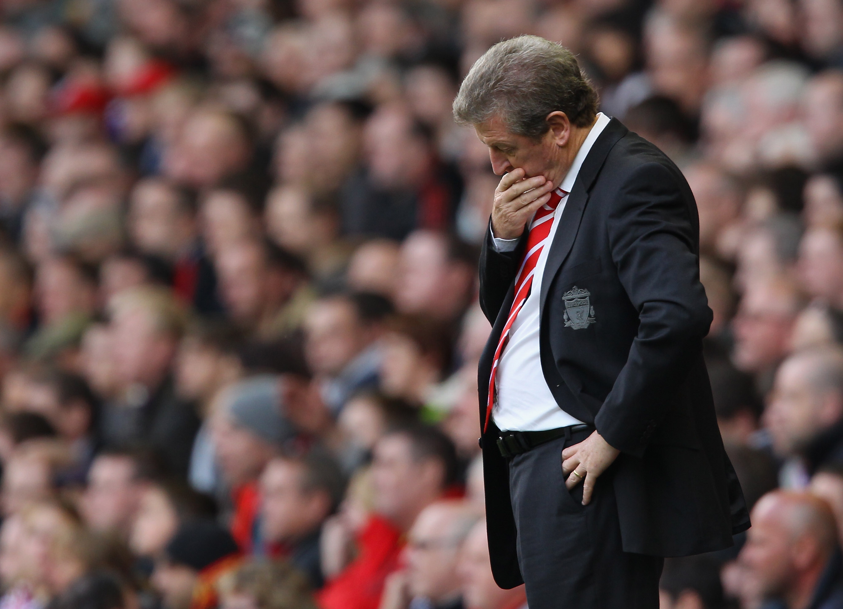 LIVERPOOL, ENGLAND - OCTOBER 03:  Roy Hodgson the manager of Liverpool looks dejected during the Barclays Premier League match between Liverpool and Blackpool at Anfield on October 3, 2010 in Liverpool, England.  (Photo by Alex Livesey/Getty Images)