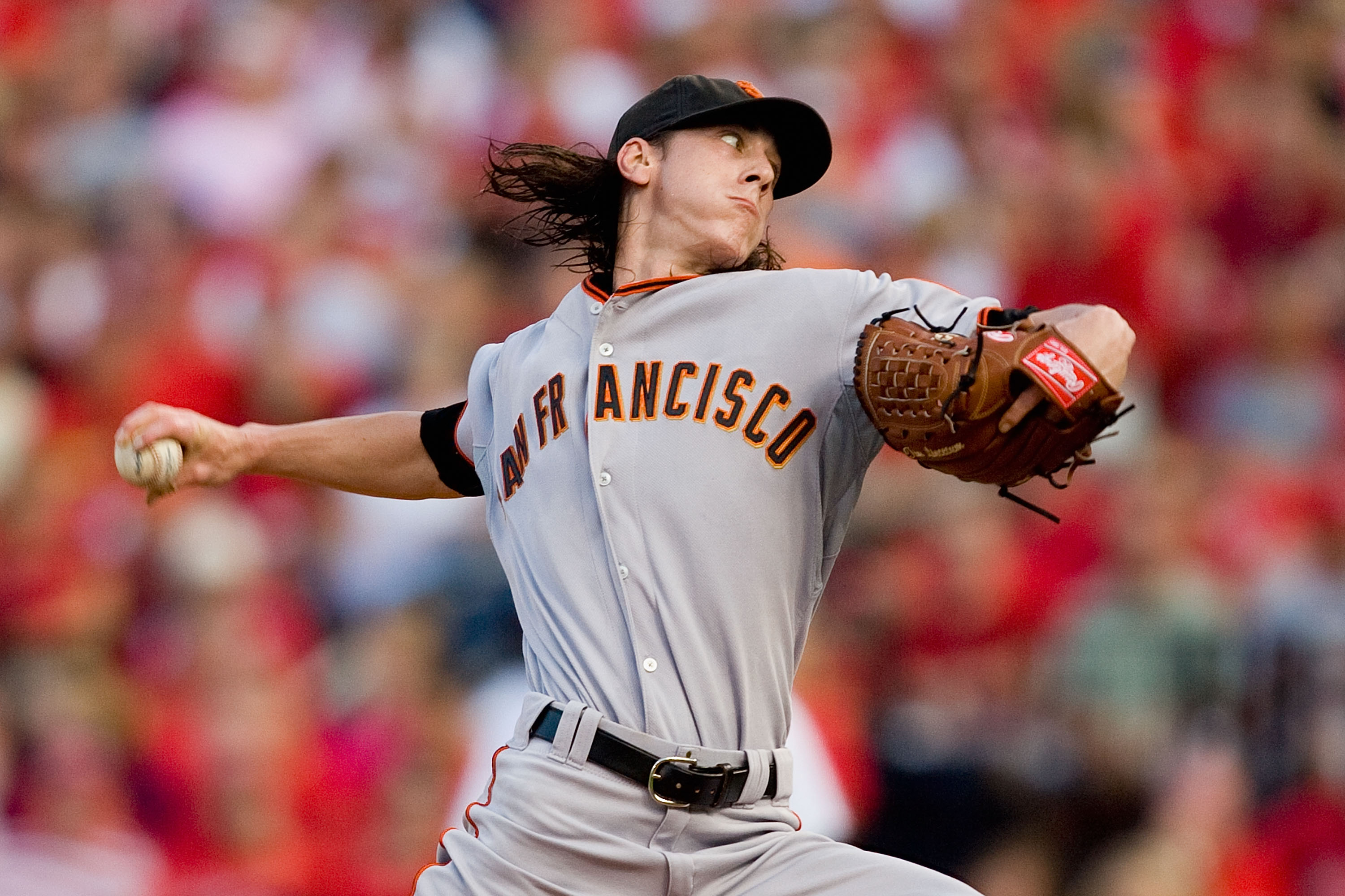 San Francisco Giants pitcher Tim Lincecum delivers a pitch to the St. Louis  Cardinals in the fourth inning at Busch Stadium in St. Louis on April 19,  2008. San Francisco won the