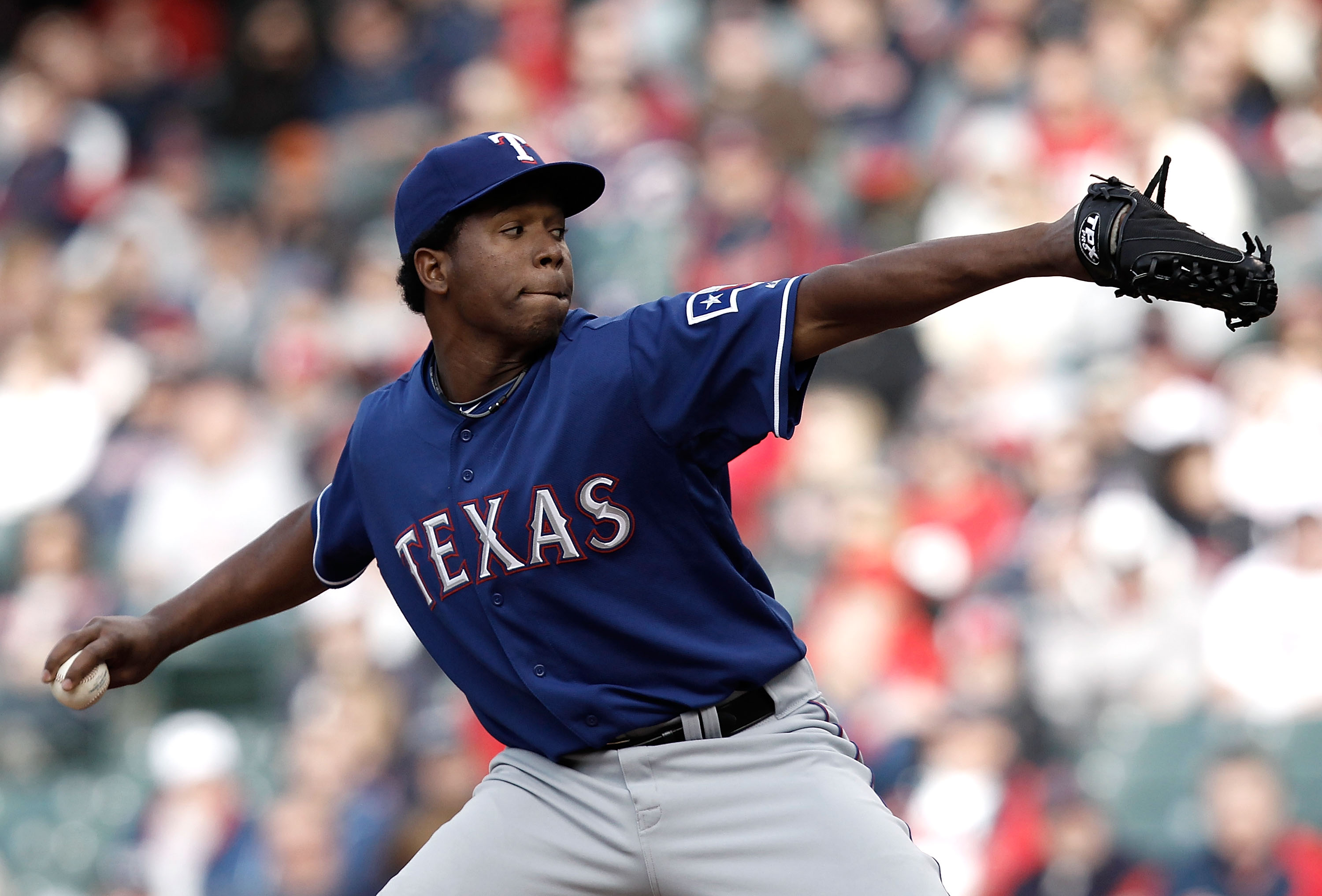 CLEVELAND, OH- APRIL 12: Neftali Feliz #30 of the Texas Rangers pitches against the Cleveland Indians during the Opening Day game on April 12, 2010 at Progressive Field in Cleveland, Ohio.  (Photo by Jared Wickerham/Getty Images)