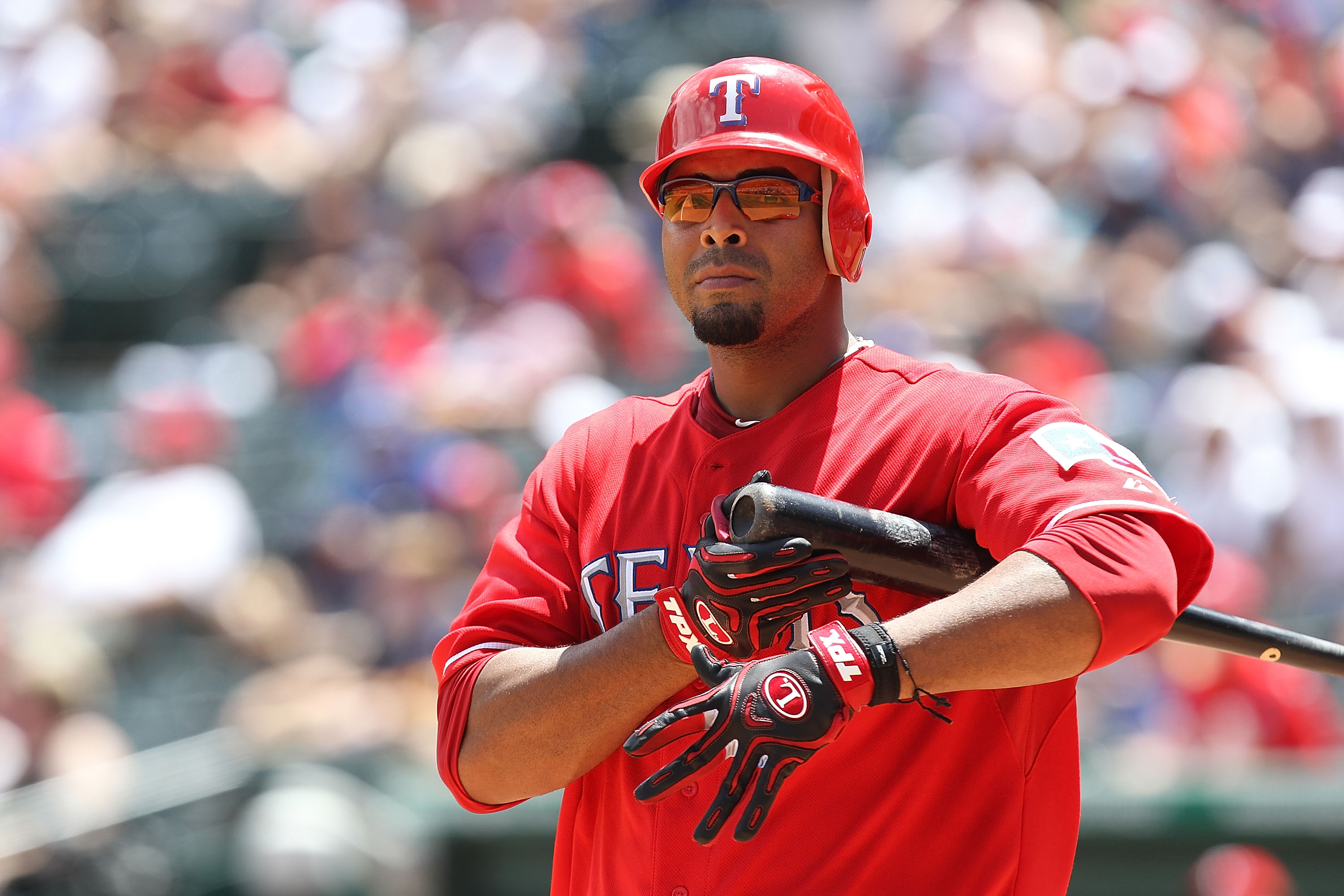 ARLINGTON, TX - JULY 11:  Nelson Cruz #17 of the Texas Rangers on July 11, 2010 at Rangers Ballpark in Arlington, Texas.  (Photo by Ronald Martinez/Getty Images)