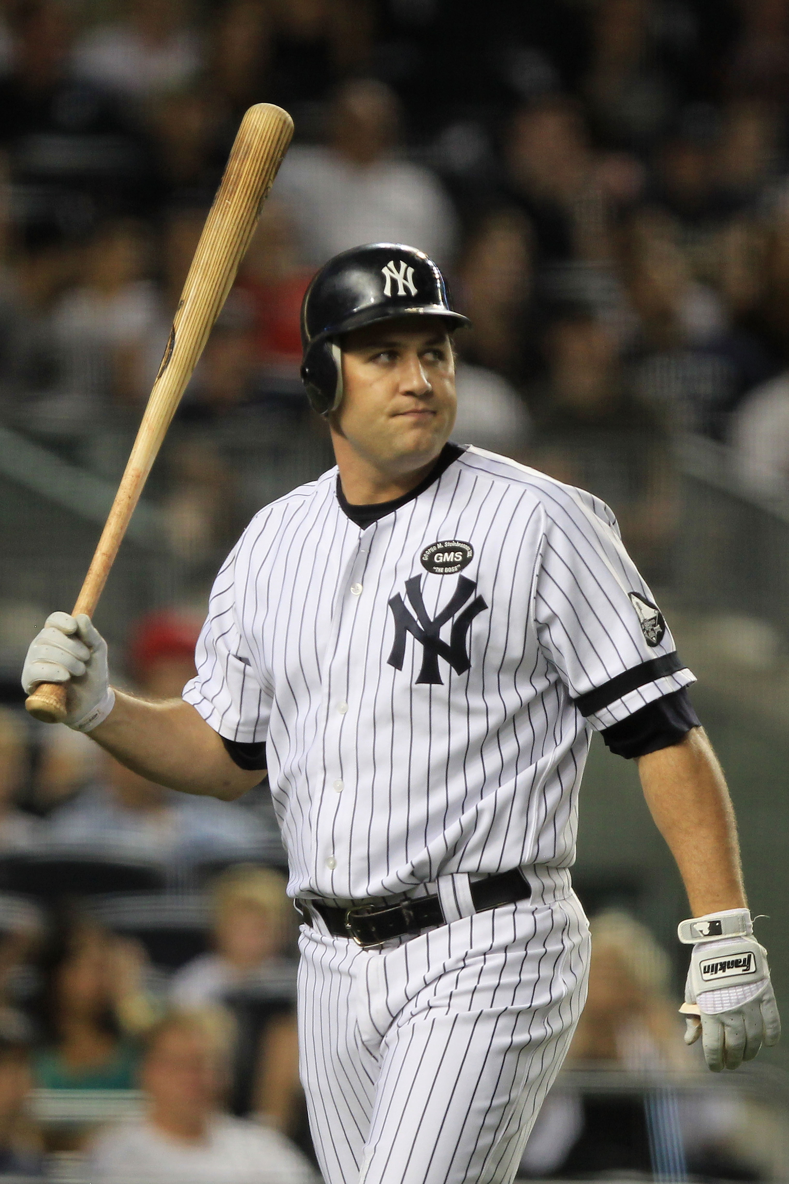 NEW YORK - SEPTEMBER 25: Lance Berkman #17 of the New York Yankees reacts after getting out against the Boston Red Sox during their game on September 25, 2010 at Yankee Stadium in the Bronx borough of New York City.  (Photo by Chris McGrath/Getty Images)