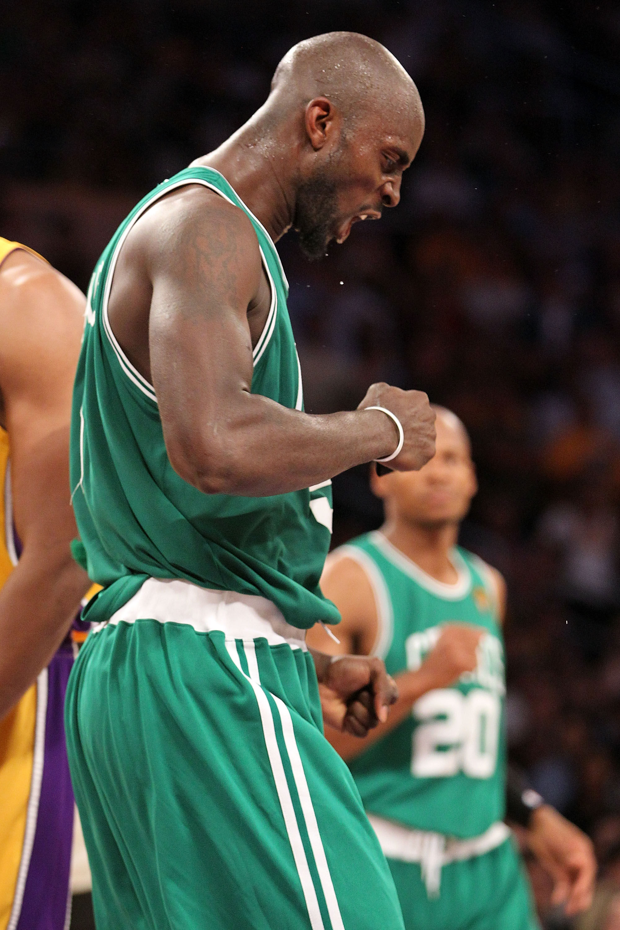LOS ANGELES, CA - JUNE 17:  Kevin Garnett #5 of the Boston Celtics reacts in the second half against the Los Angeles Lakers in Game Seven of the 2010 NBA Finals at Staples Center on June 17, 2010 in Los Angeles, California.  NOTE TO USER: User expressly a