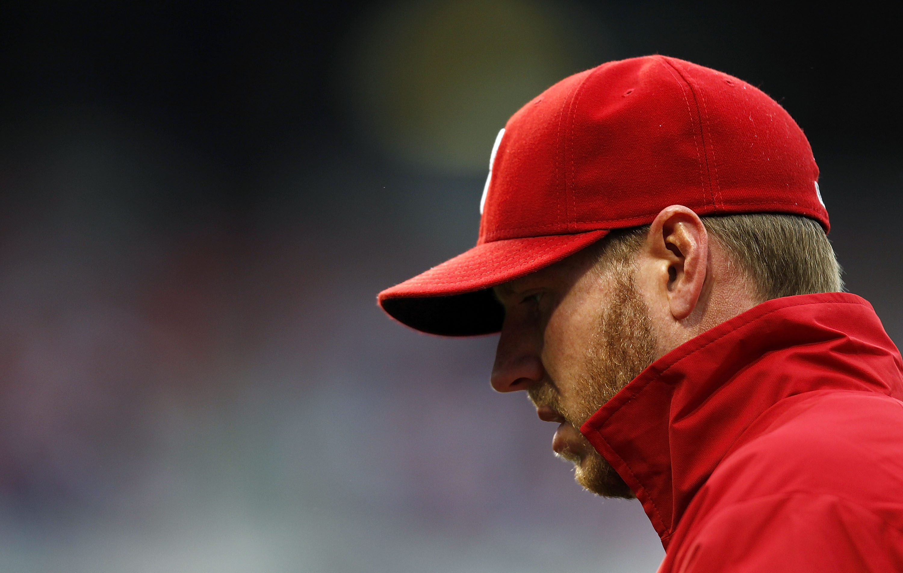 PHILADELPHIA - OCTOBER 06:  Roy Halladay #34 of the Philadelphia Phillies walks to the dugout in Game 1 of the NLDS against the Cincinnati Reds at Citizens Bank Park on October 6, 2010 in Philadelphia, Pennsylvania.  (Photo by Jeff Zelevansky/Getty Images