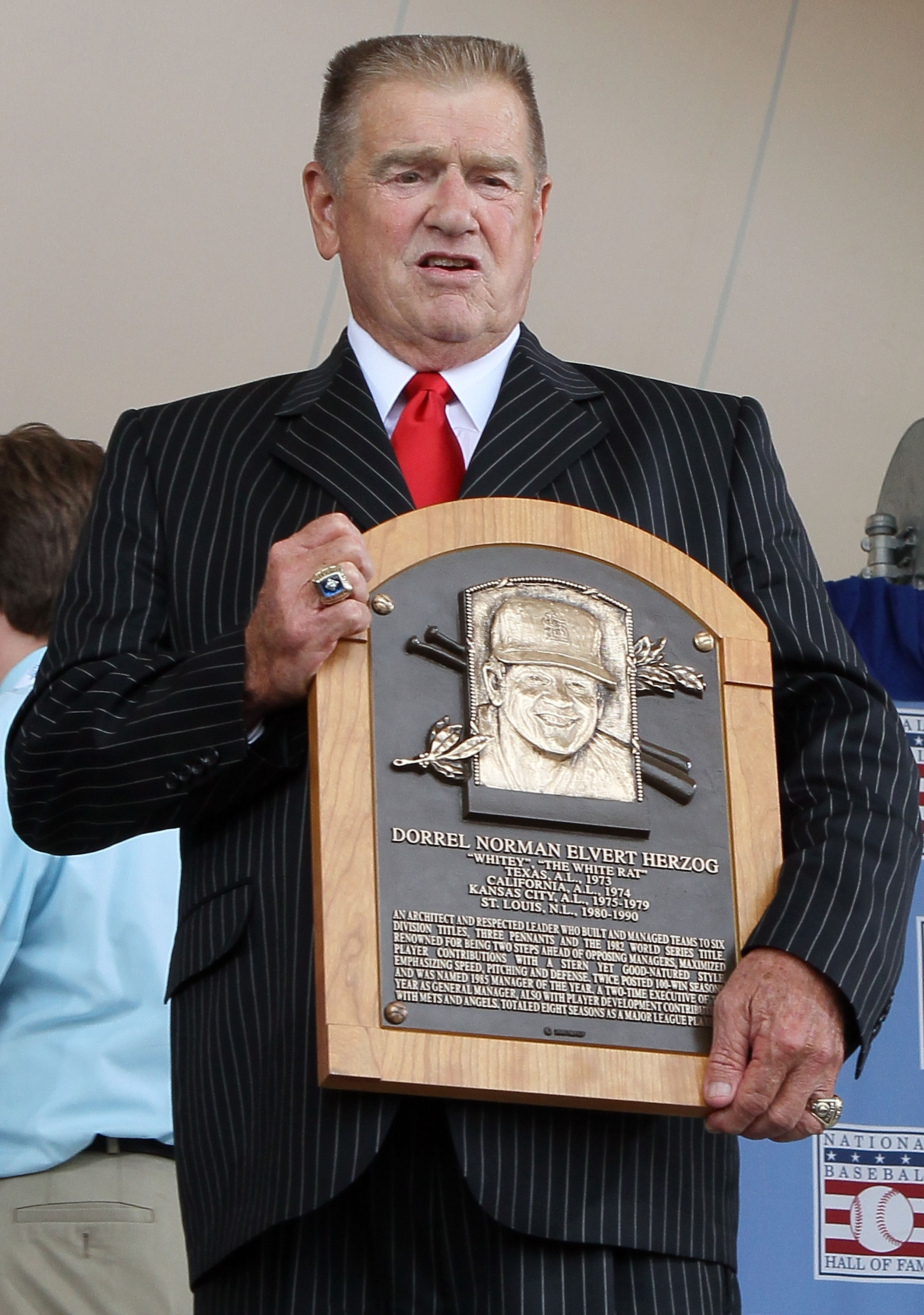 COOPERSTOWN, NY - JULY 25:  2010 inductee Whitey Herzog poses for a photograph with his plaque at Clark Sports Center during the Baseball Hall of Fame induction ceremony on July 25, 20010 in Cooperstown, New York. Herzog served as manager for four teams a
