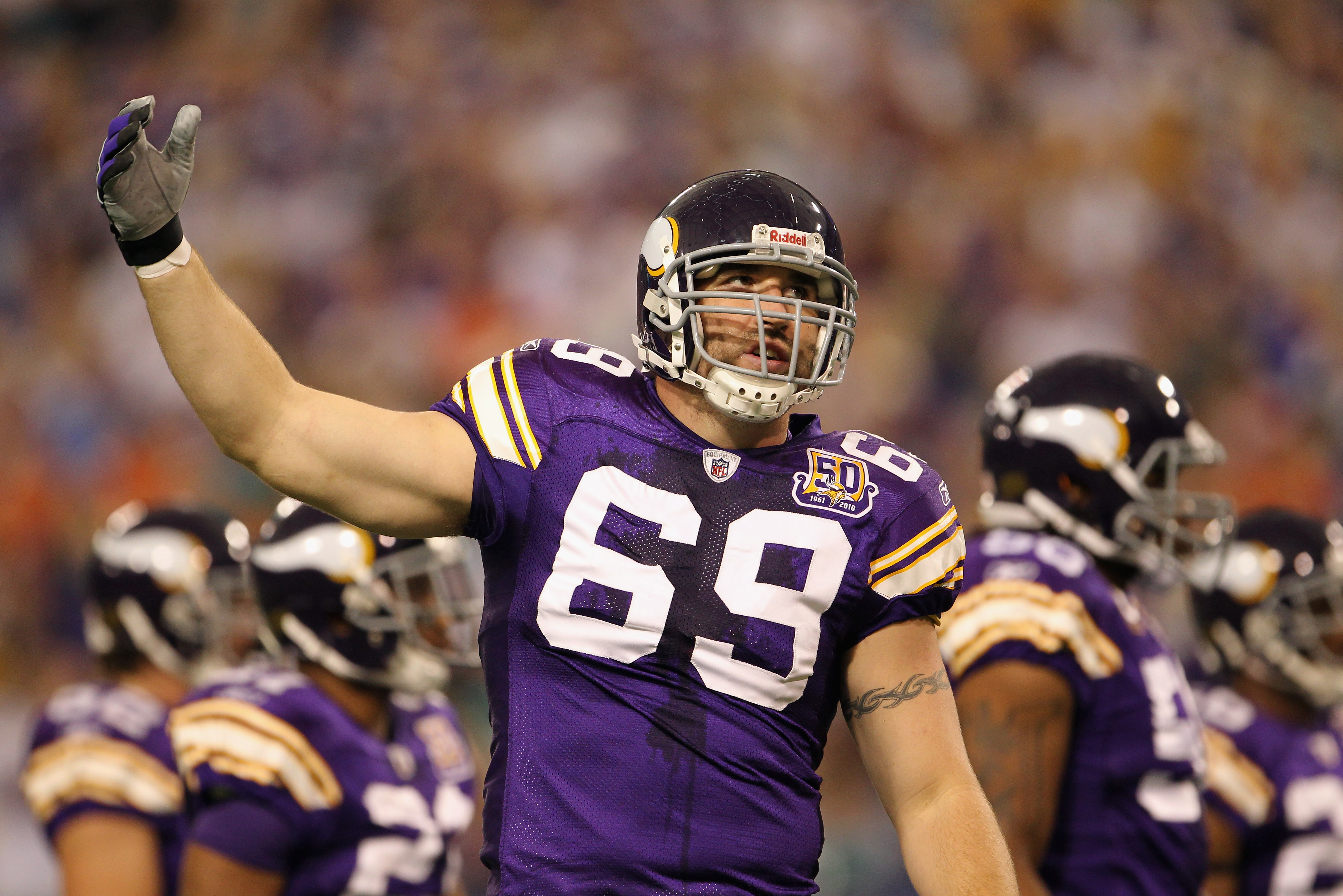 MINNEAPOLIS - SEPTEMBER 19:  Jared Allen #69 of the Minnesota Vikings encourages the crowd during the first half of the game against the Miami Dolphins on September 19, 2010 at Hubert H. Humphrey Metrodome in Minneapolis, Minnesota.  (Photo by Jamie Squir
