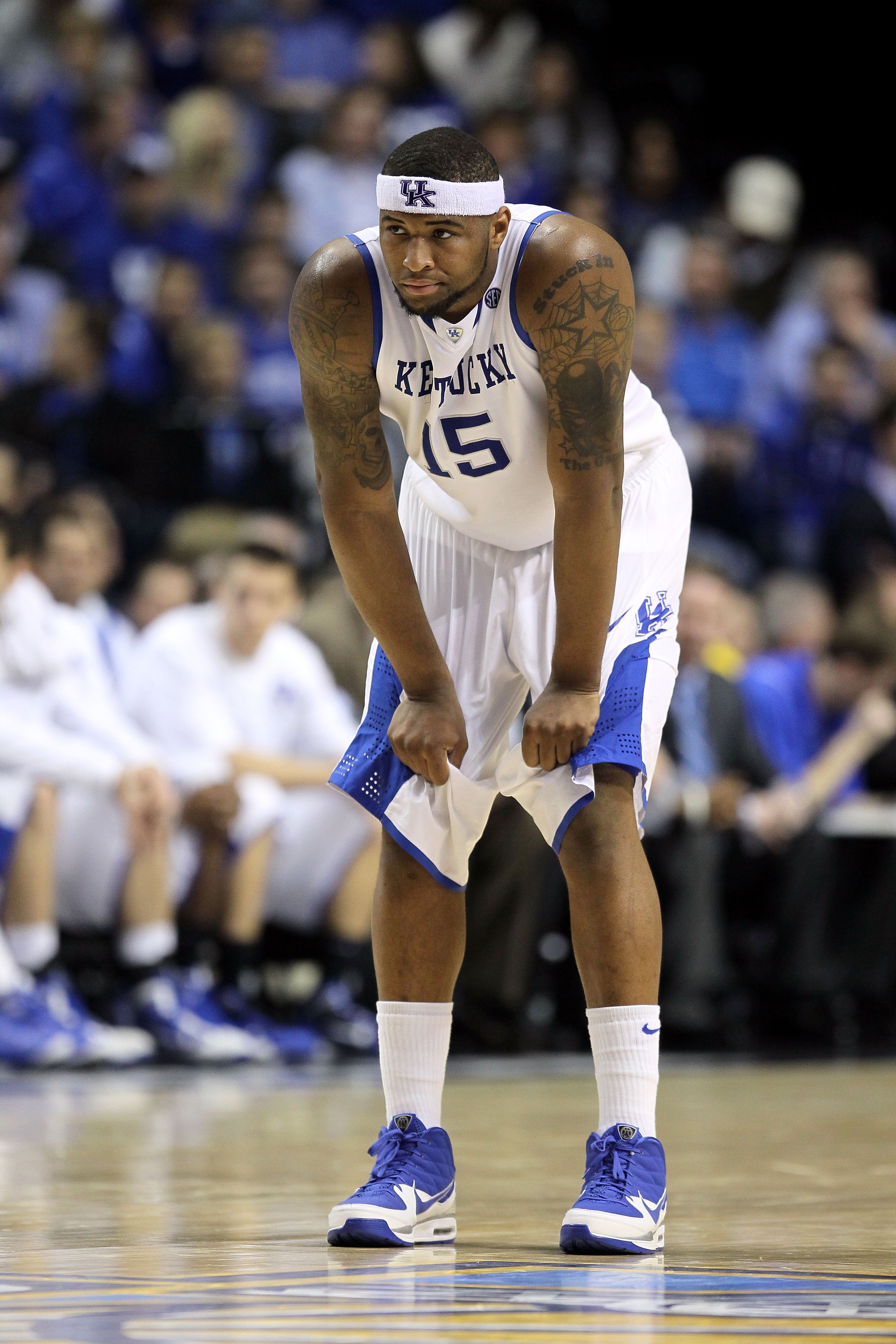 NASHVILLE, TN - MARCH 13:  DeMarcus Cousins #15 of the Kentucky Wildcats looks on against the Tennessee Volunteers during the semirfinals of the SEC Men's Basketball Tournament at the Bridgestone Arena on March 13, 2010 in Nashville, Tennessee. Kentucky w
