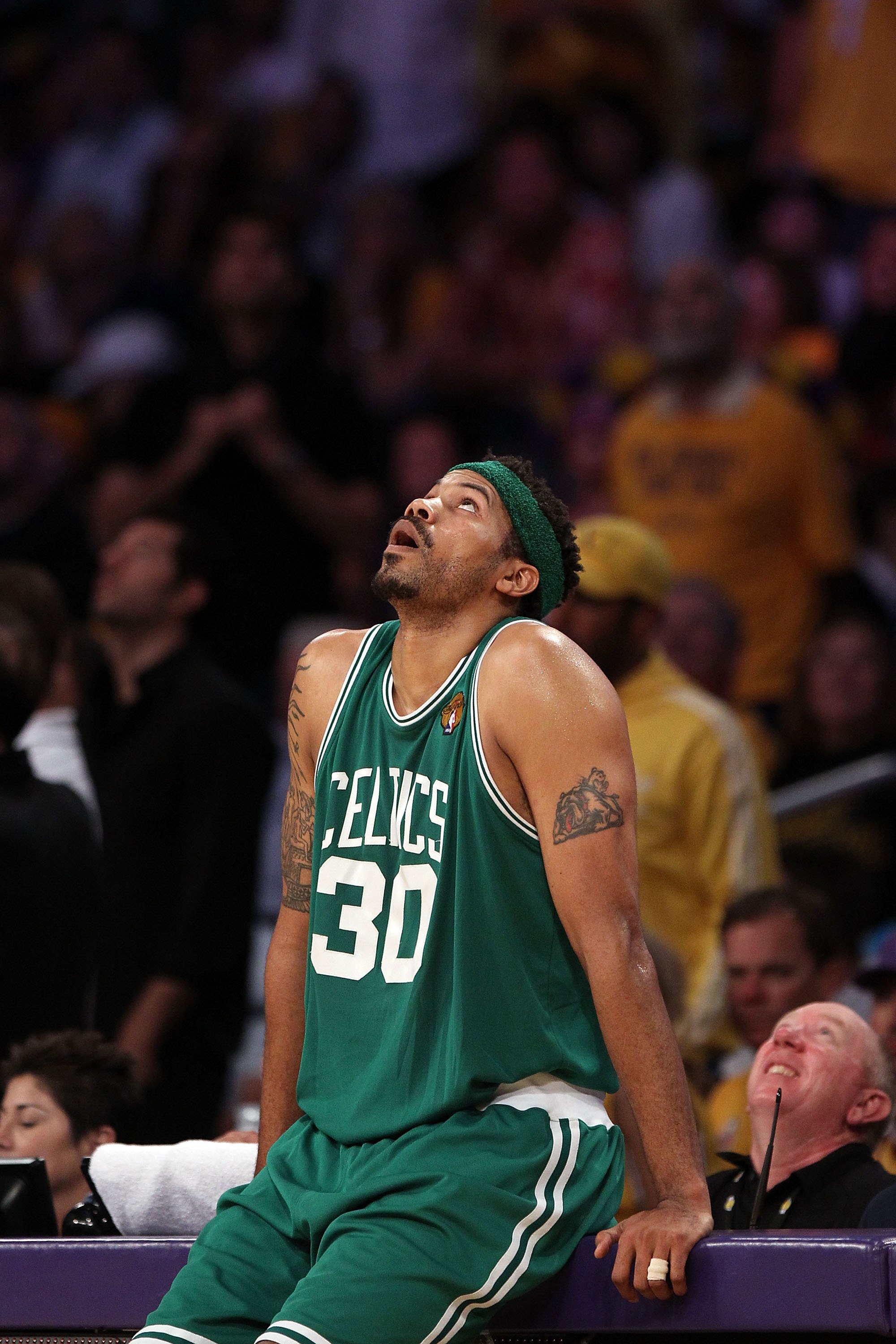 LOS ANGELES, CA - JUNE 17:  Rasheed Wallace #30 of the Boston Celtics reacts against the Los Angeles Lakers in Game Seven of the 2010 NBA Finals at Staples Center on June 17, 2010 in Los Angeles, California.  NOTE TO USER: User expressly acknowledges and