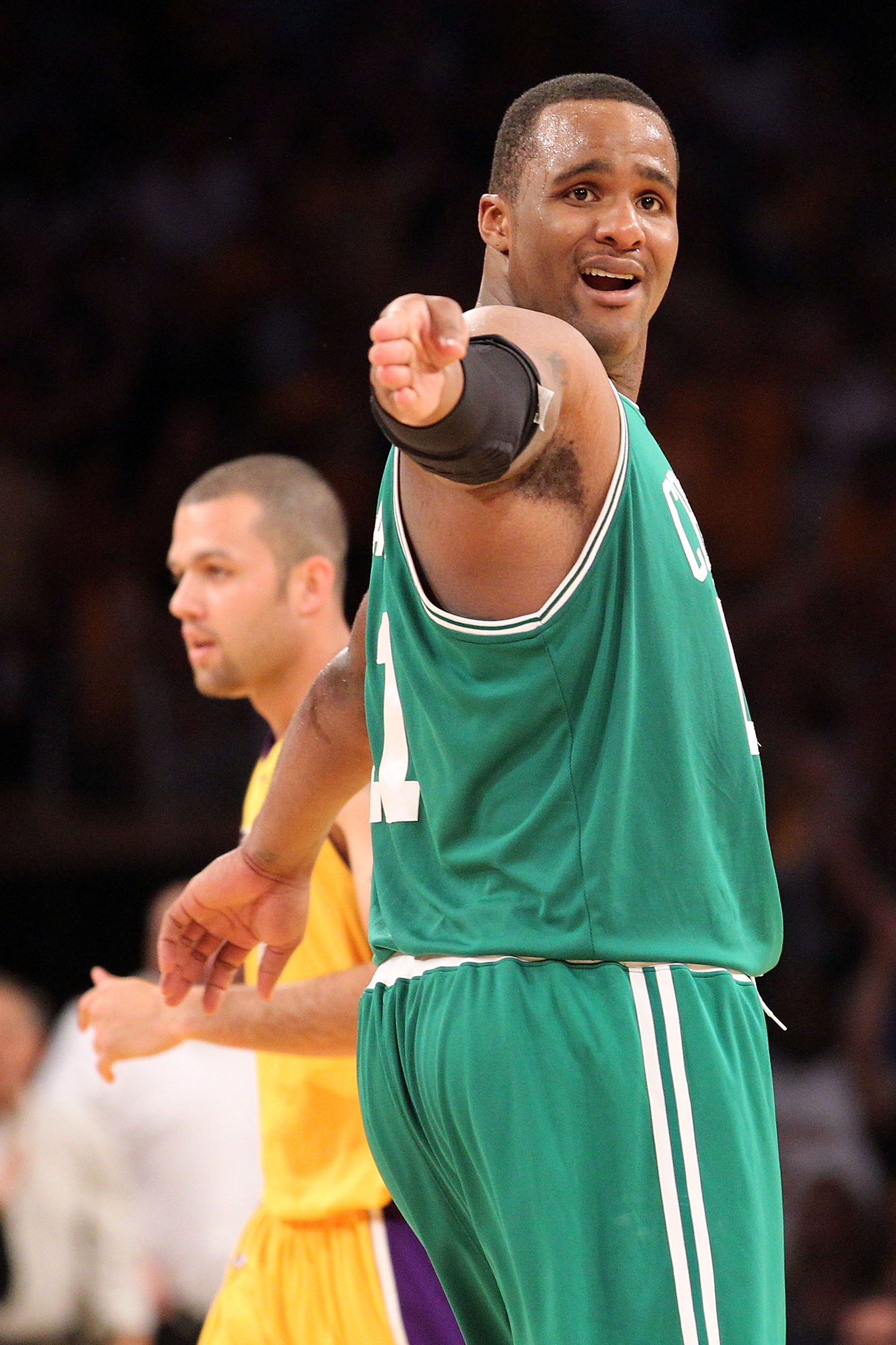 LOS ANGELES, CA - JUNE 17:  Glen Davis #11 of the Boston Celtics reacts to a call in the second half against the Los Angeles Lakers in Game Seven of the 2010 NBA Finals at Staples Center on June 17, 2010 in Los Angeles, California.  NOTE TO USER: User exp