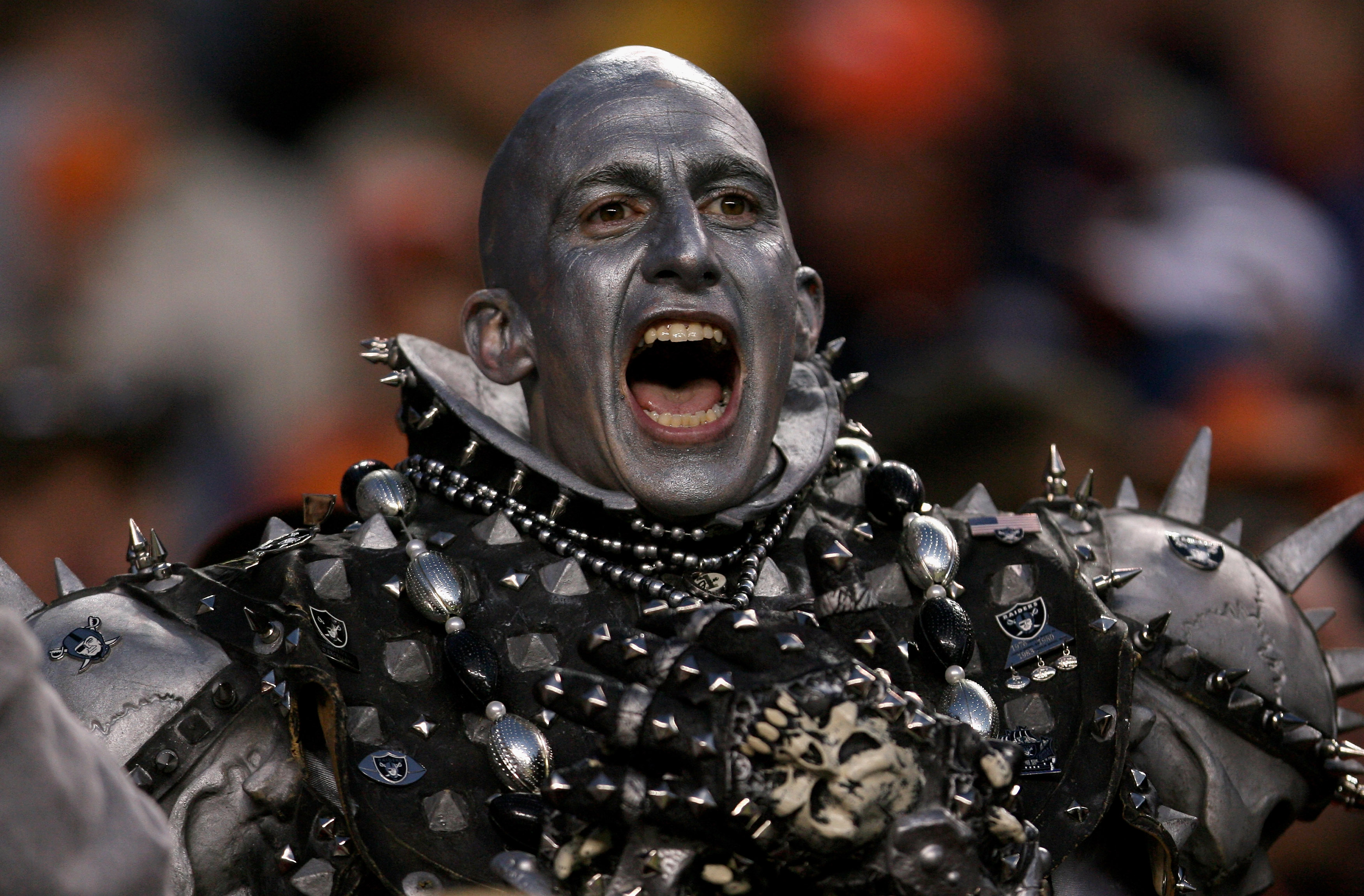 DENVER - NOVEMBER 23:  A member of Raider Nation shows his support of the Oakland Raiders as they faced the Denver Broncos during week 12 NFL action at Invesco Field at Mile High on November 23, 2008 in Denver, Colorado. The Raiders defeated the Broncos 3