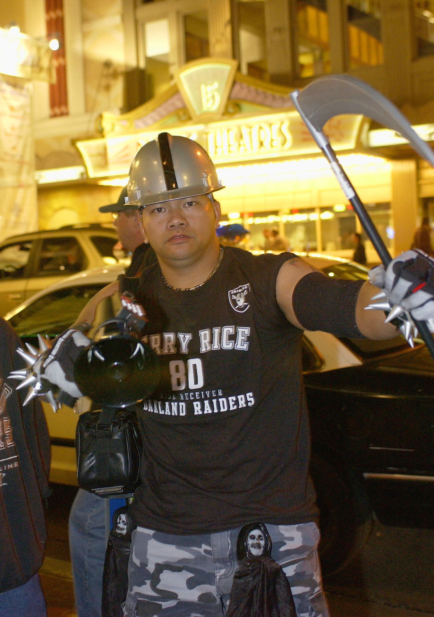 SAN DIEGO - JANUARY 24:  A Raider fan gets decked out in full gear in the Gaslamp District on January 24, 2003 in San Diego, California.  San Diego hosts Super Bowl XXXVII on Sunday January 26, 2003.  (Photo by Ezra Shaw/Getty Images)