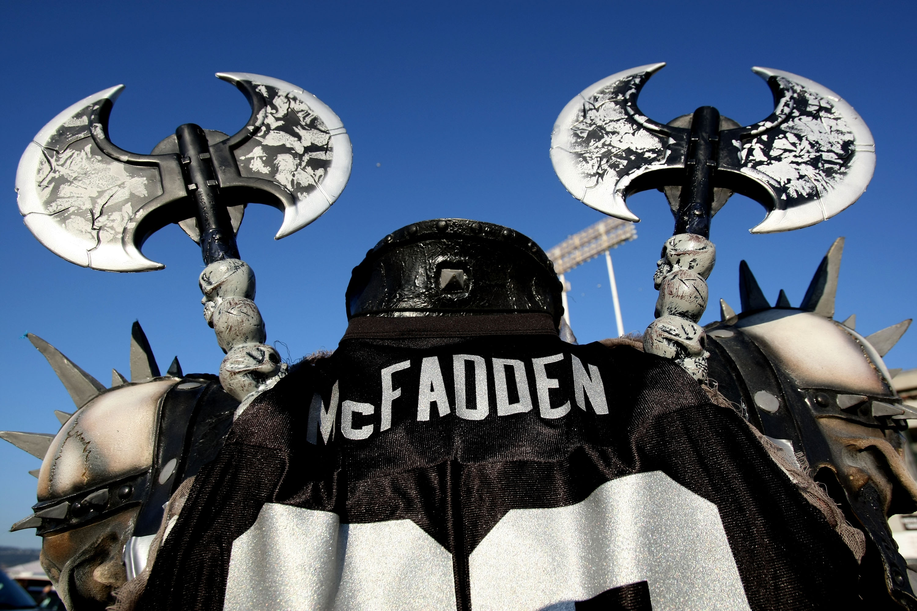 OAKLAND, CA - SEPTEMBER 08:  An Oakland Raider fan walks around the stadium before the Denver Broncos and the Oakland Raiders NFL game at McAfee Coliseum on September 8, 2008 in Oakland, California.  (Photo by Jed Jacobsohn/Getty Images)
