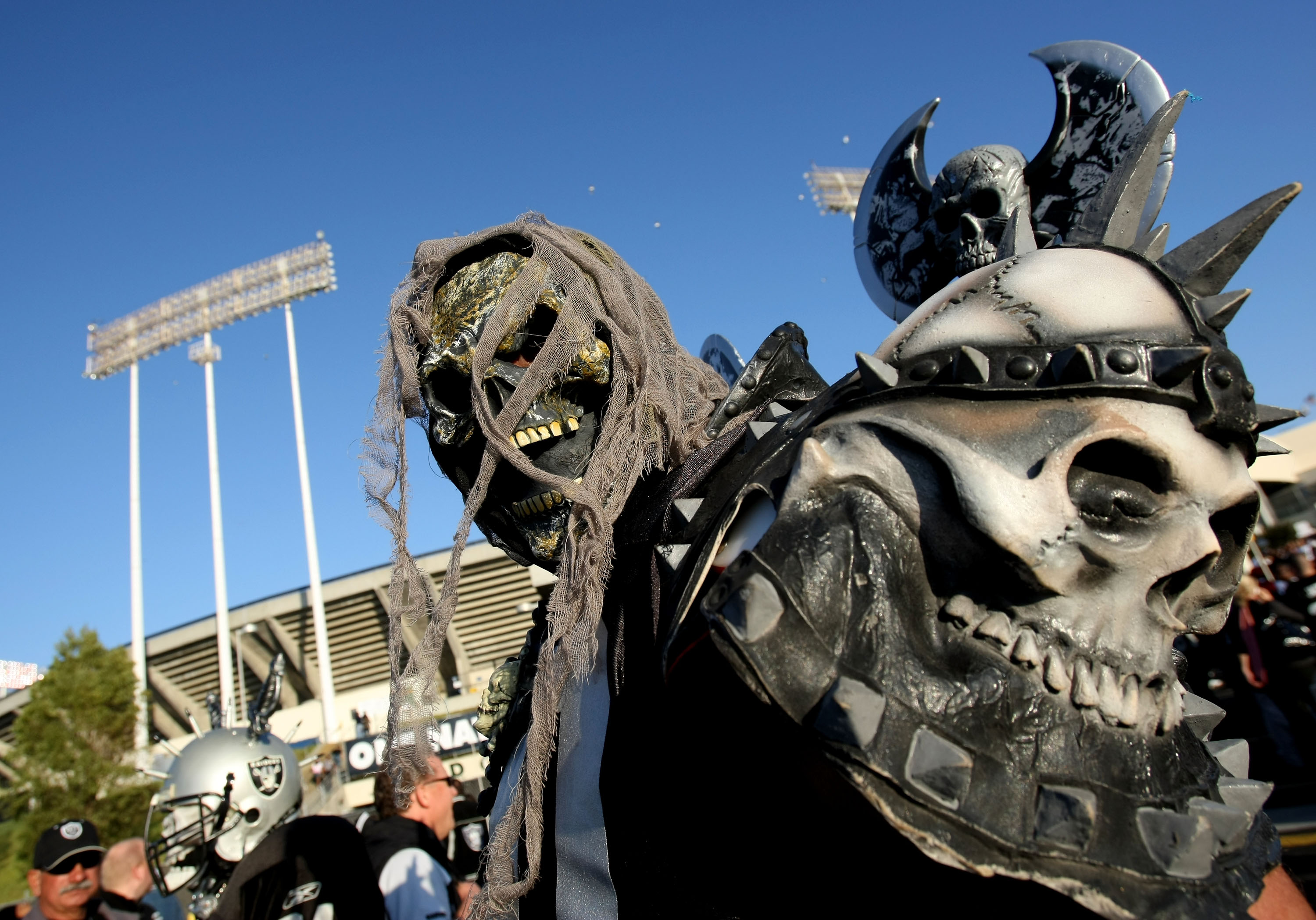 OAKLAND, CA - SEPTEMBER 08:  An Oakland Raider fan walks around the stadium before the Denver Broncos and the Oakland Raiders NFL game at McAfee Coliseum on September 8, 2008 in Oakland, California.  (Photo by Jed Jacobsohn/Getty Images)