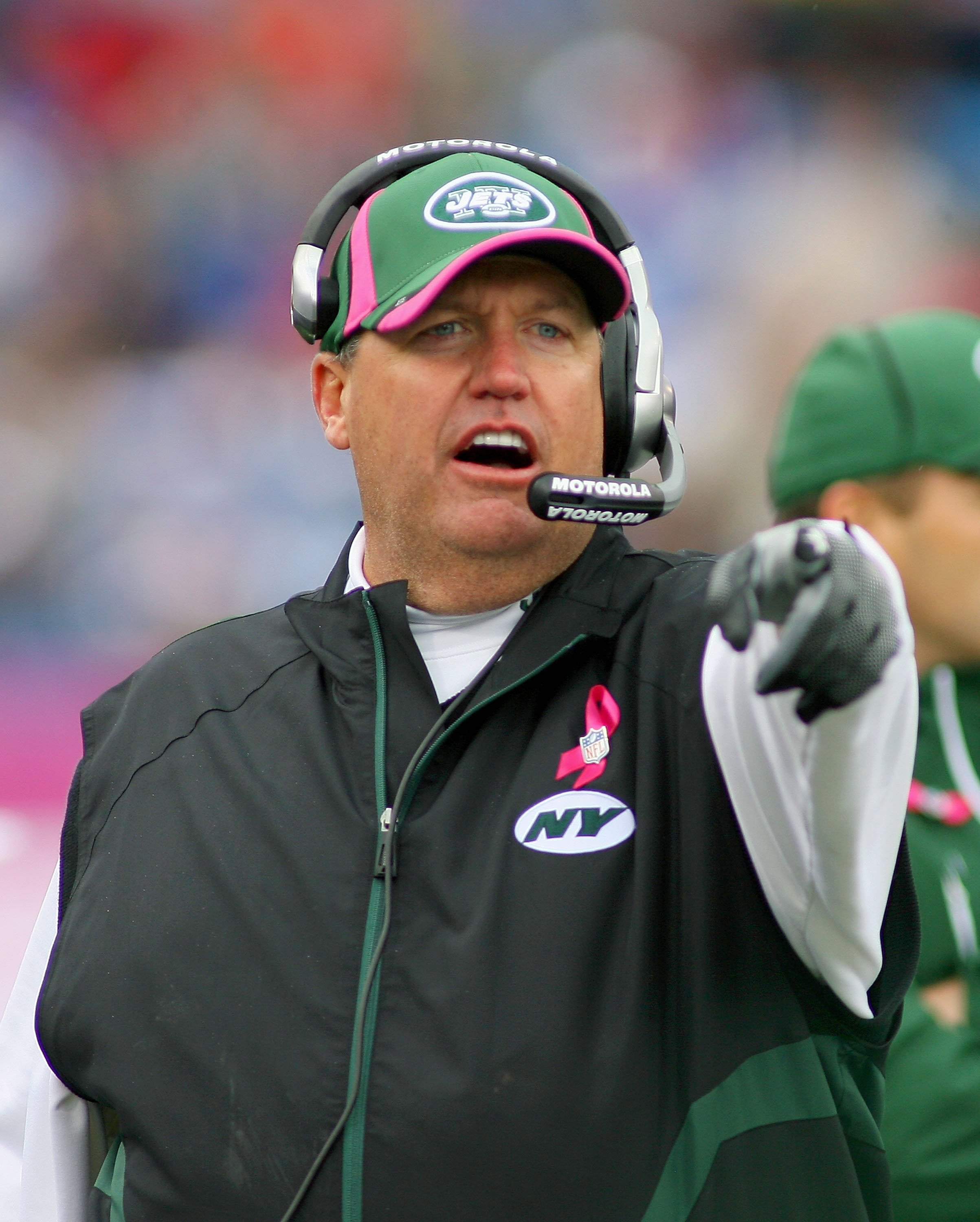 ORCHARD PARK, NY - OCTOBER 03: Rex Ryan, head coach  of the New York Jets points on the sidelines against the Buffalo Bills at Ralph Wilson Stadium on October 3, 2010 in Orchard Park, New York. The Jets won 38-14. (Photo by Rick Stewart/Getty Images)
