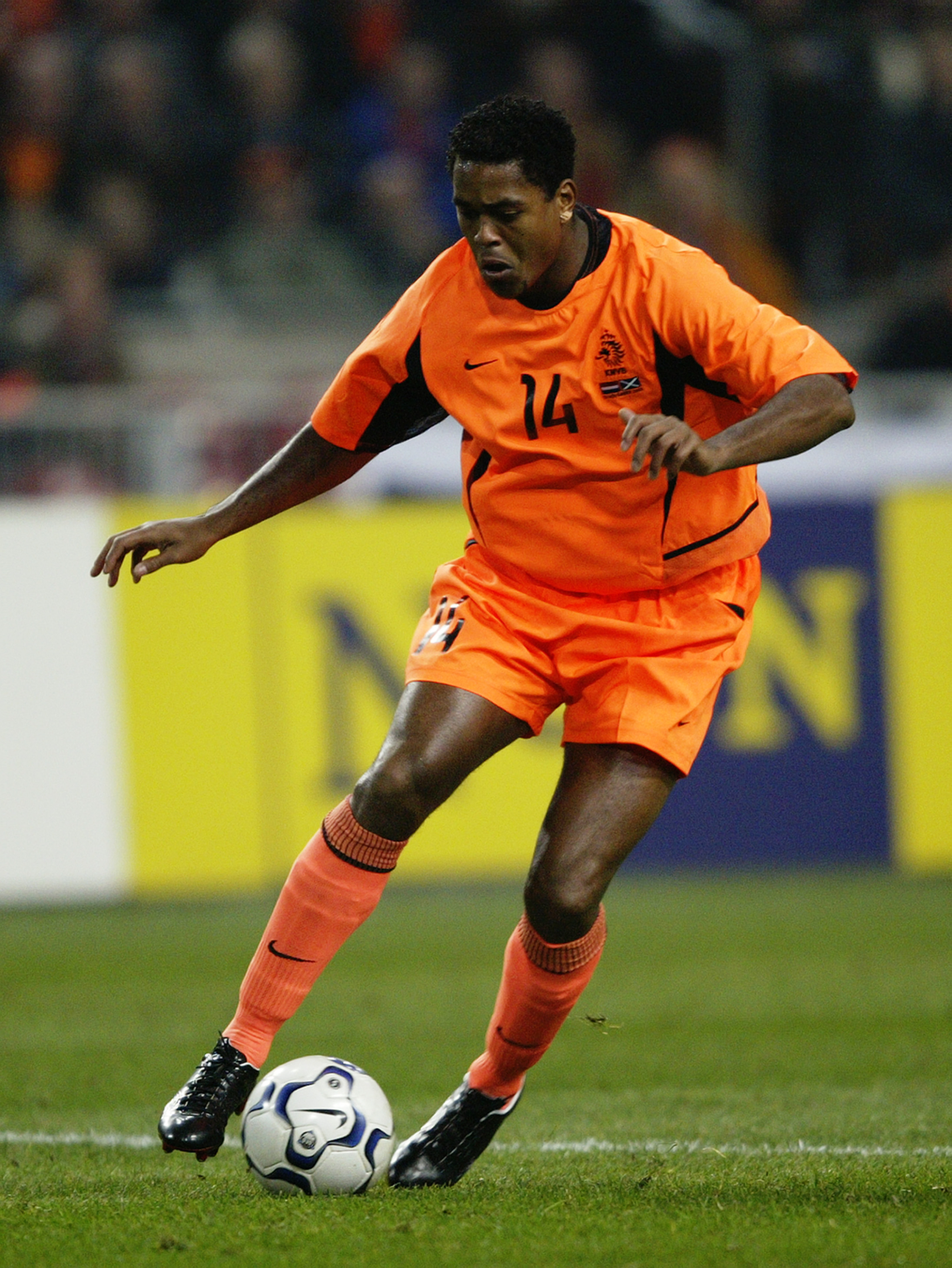 AMSTERDAM - NOVEMBER 19:  Patrick Kluivert of Holland runs with the ball during the UEFA European Championships 2004 Play-Off second leg match between Holland and Scotland held on November 19, 2003 at The Amsterdam ArenA, in Amsterdam, Holland. Holland wo