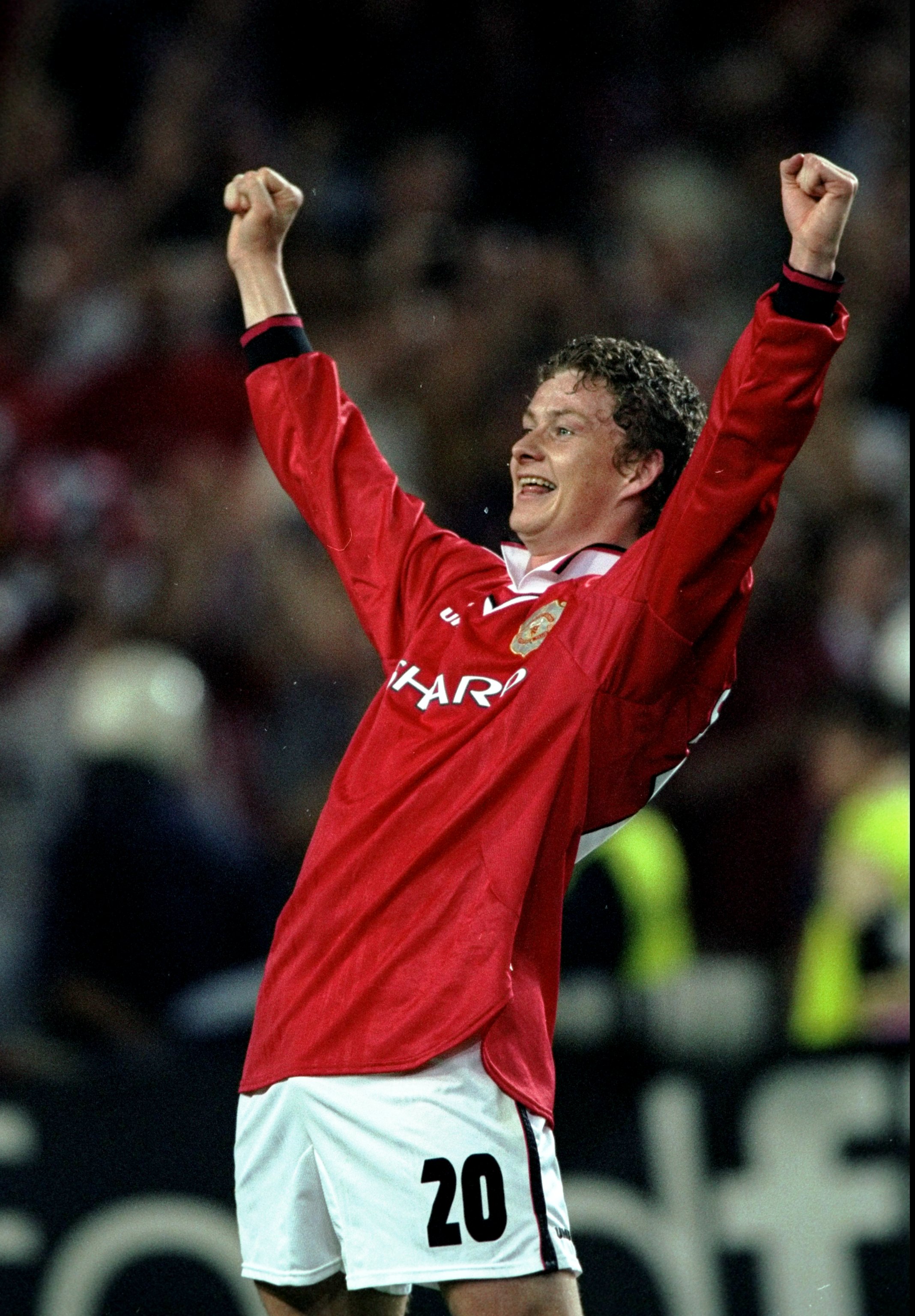 26 May 1999:  Ole Gunnar Solskjaer celebrates the final whistle and victory for Manchester United in the European Champions League Final against Bayern Munich in the Nou Camp Stadium, Barcelona, Spain. Solskjaer scored the second goal for United as theywo