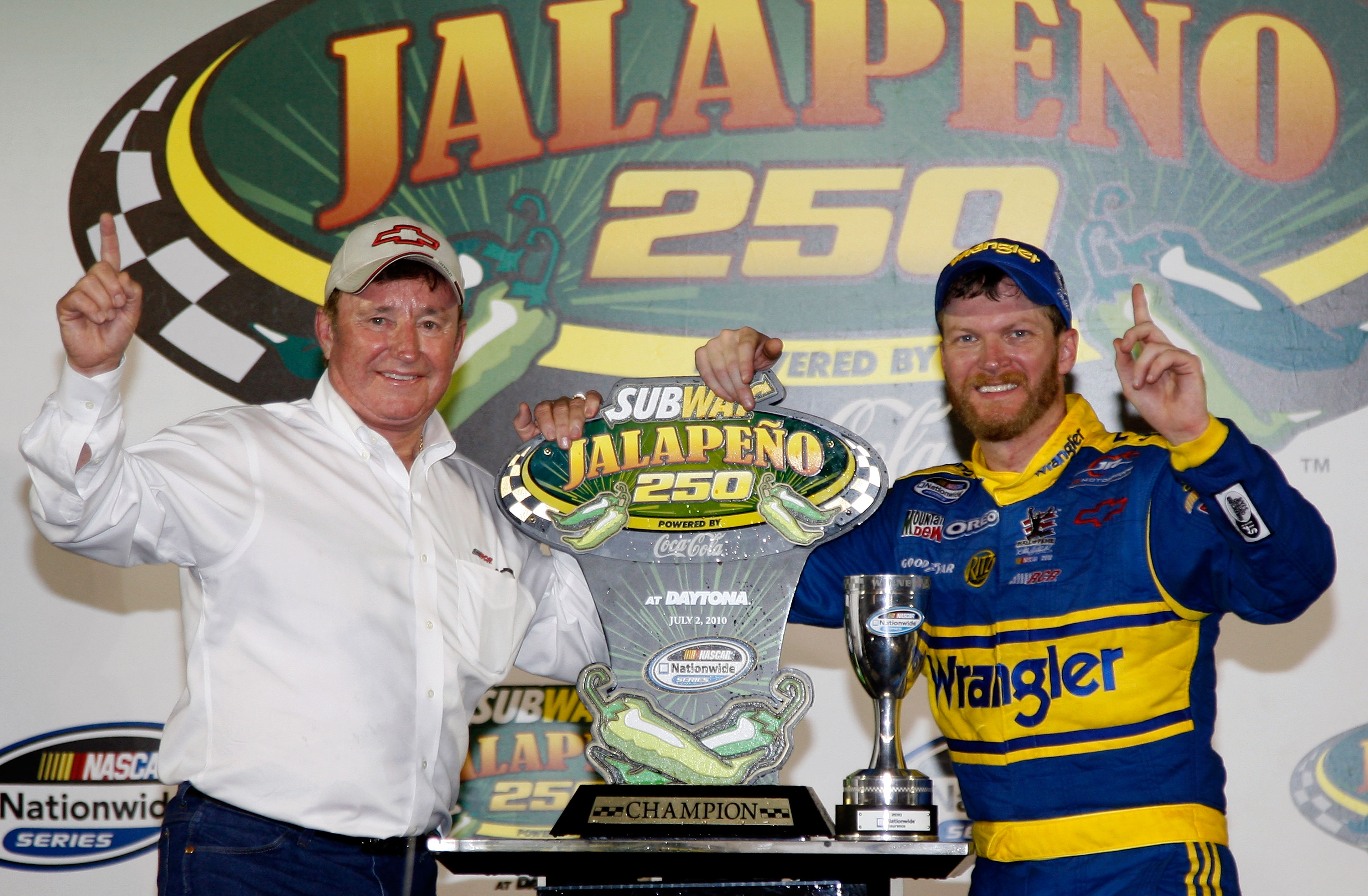 DAYTONA BEACH, FL - JULY 02:  Dale Earnhardt Jr. (R), driver of the #3 Wrangler Chevrolet, and team owner Richard Childress (L) pose in Victory Lane after winning the NASCAR Nationwide Series Subway Jalapeno 250 at Daytona International Speedway on July 2