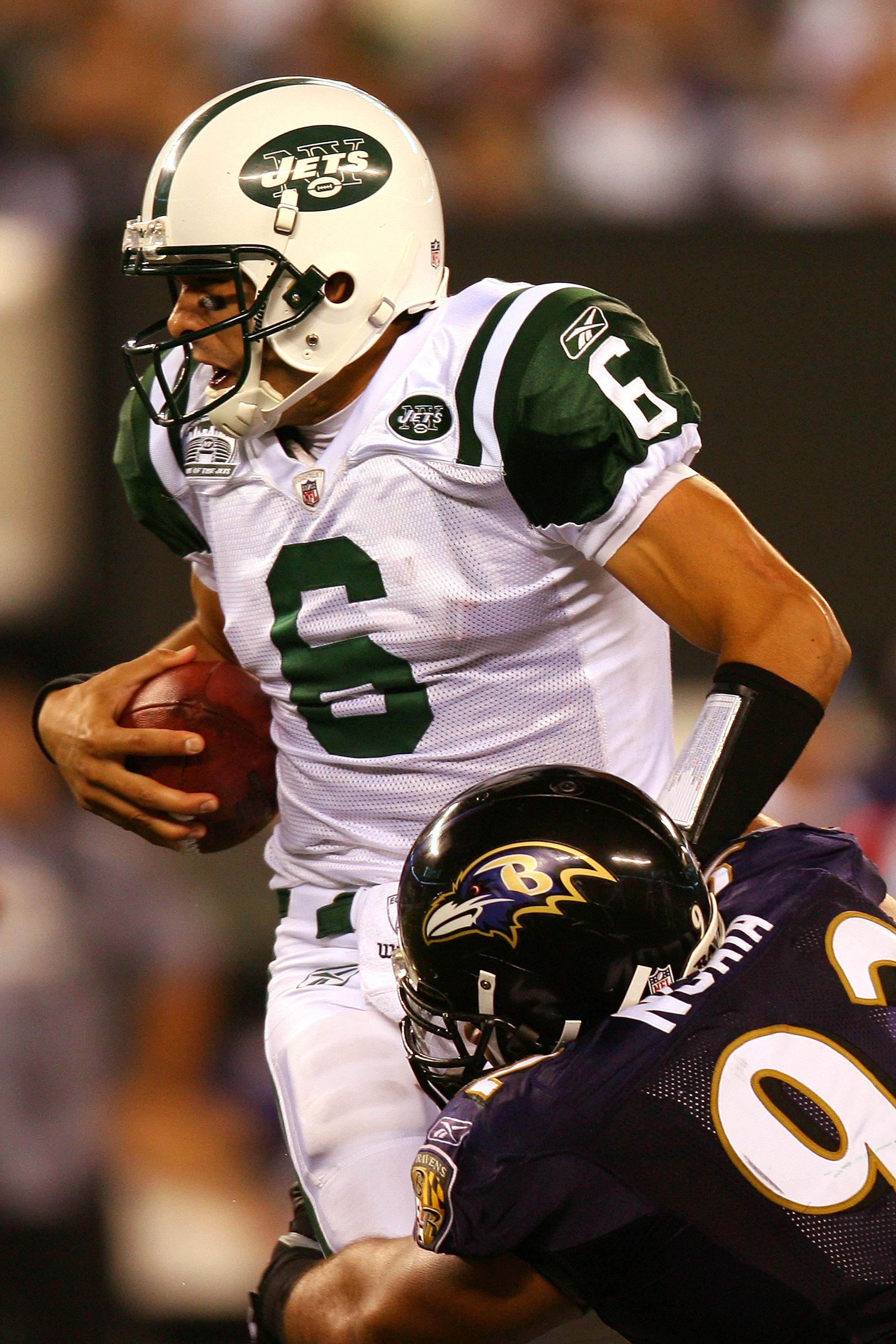 Minnesota Vikings Brett Favre reacts after a play in week 5 of the NFL  season against the New York Jets at New Meadowlands Stadium in East  Rutherford, New Jersey on October 11