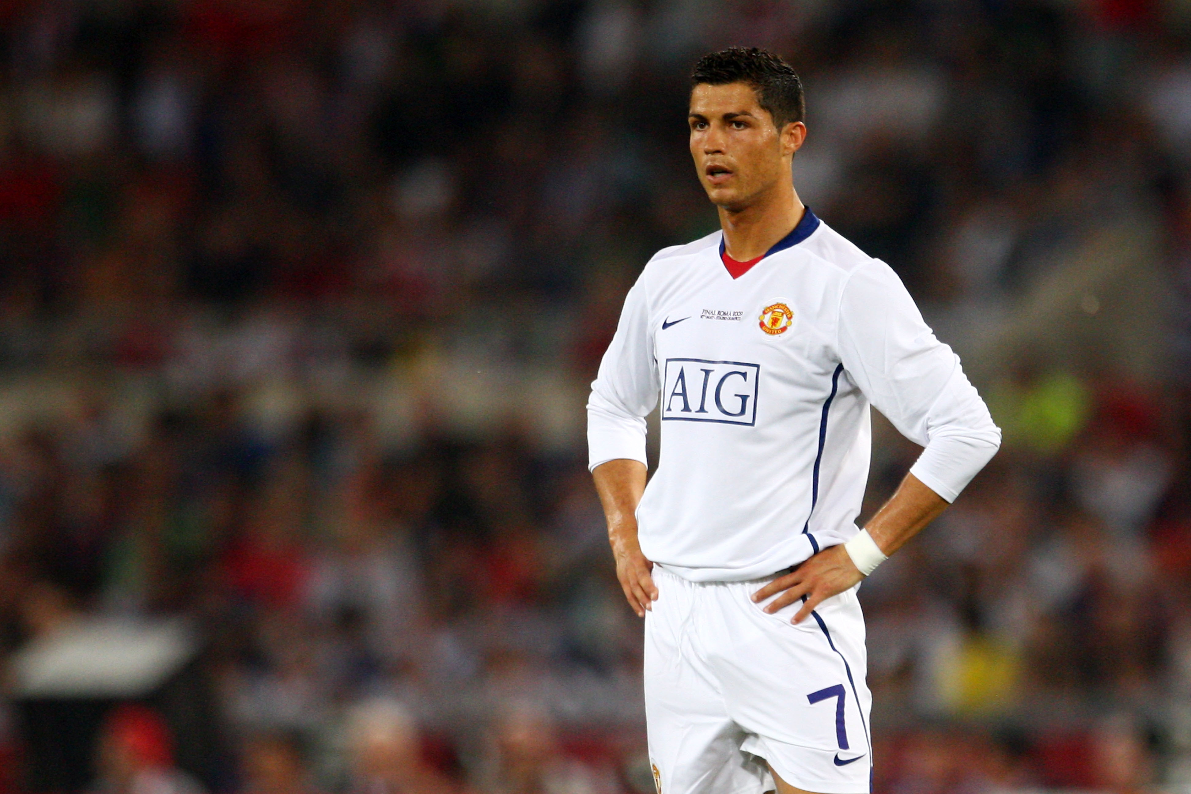 ROME - MAY 27:  Cristiano Ronaldo of Manchester United looks on during the UEFA Champions League Final match between Barcelona and Manchester United at the Stadio Olimpico on May 27, 2009 in Rome, Italy.  (Photo by Laurence Griffiths/Getty Images)