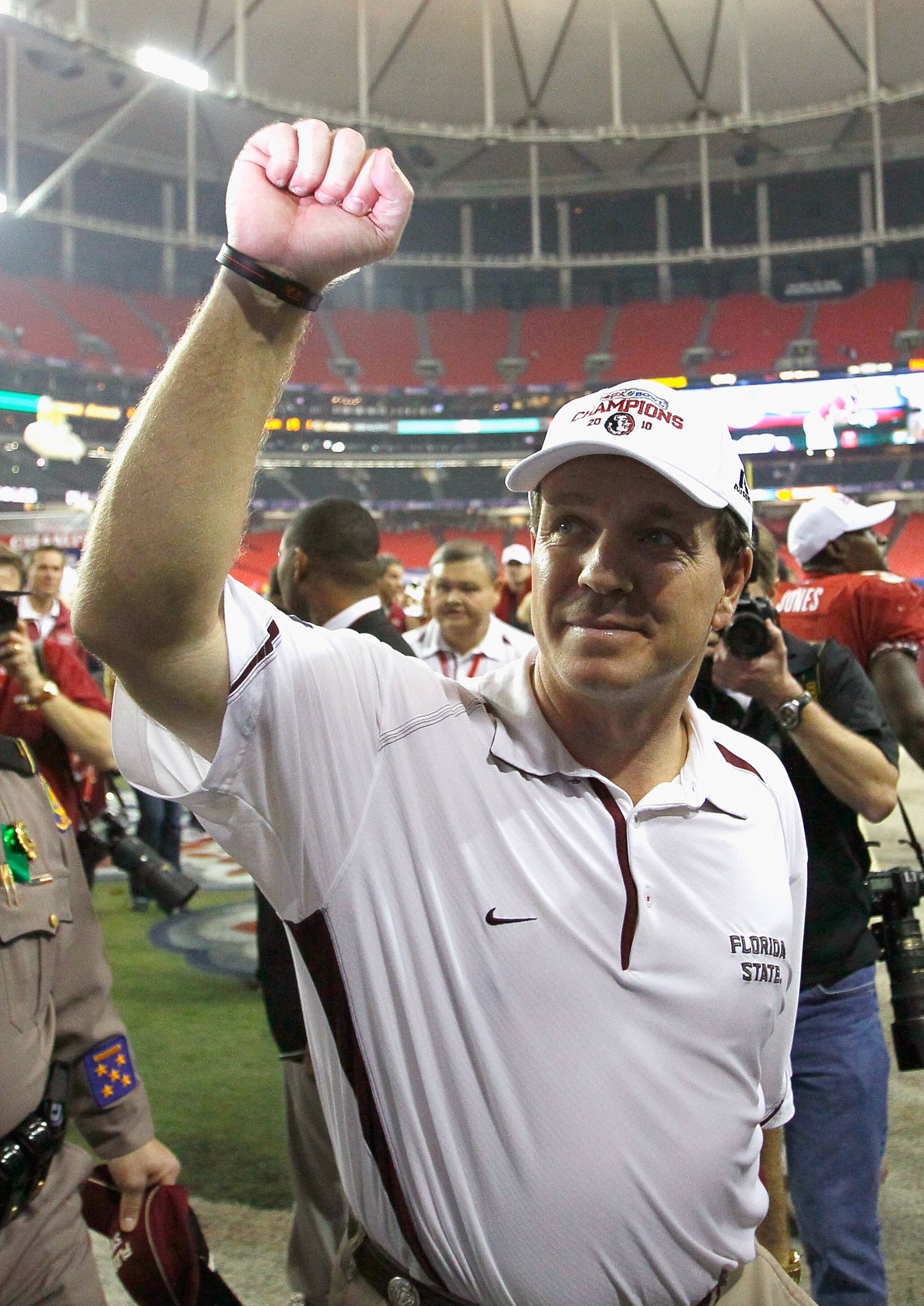 ATLANTA, GA - DECEMBER 31:  Head coach Jimbo Fisher of the Florida State Seminoles sideline reacts after their 26-17 win over the South Carolina Gamecocks during the 2010 Chick-fil-A Bowl at Georgia Dome on December 31, 2010 in Atlanta, Georgia.  (Photo b
