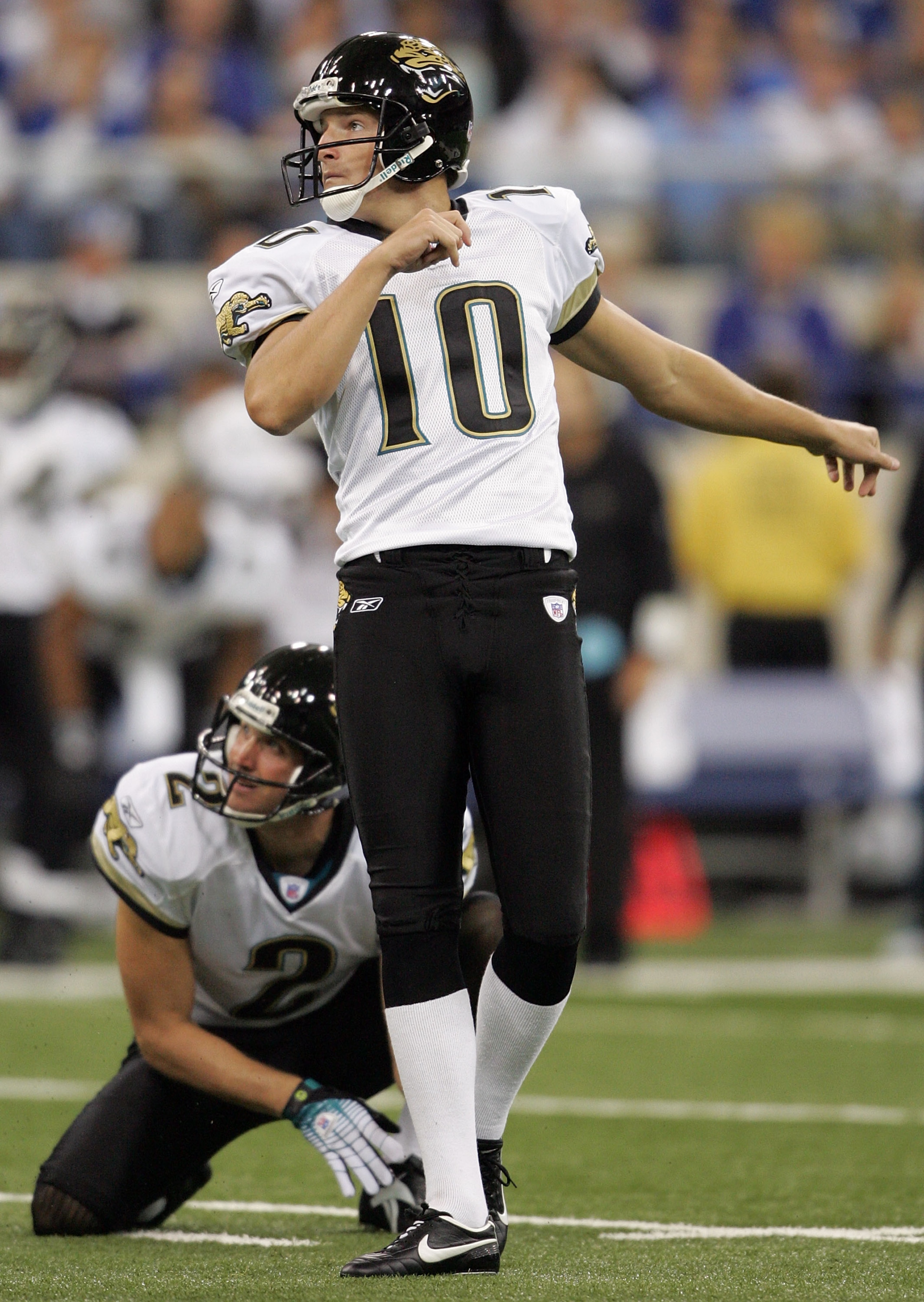 INDIANAPOLIS - SEPTEMBER 24: Josh Scobee #10 of the Jacksonville Jaguars watches his failed 49 yard field goal attempt go wide left (it was the second field goal Scobee missed in the game) along with holder Chris Hanson #2 against the Indianapolis Colts INDIANAPOLIS - SEPTEMBER 24: Josh Scobee #10 of the Jacksonville Jaguars watches his failed 49 yard field goal attempt go wide left (it was the second field goal Scobee missed in the game) along with holder Chris Hanson #2 against the Indianapolis Colts