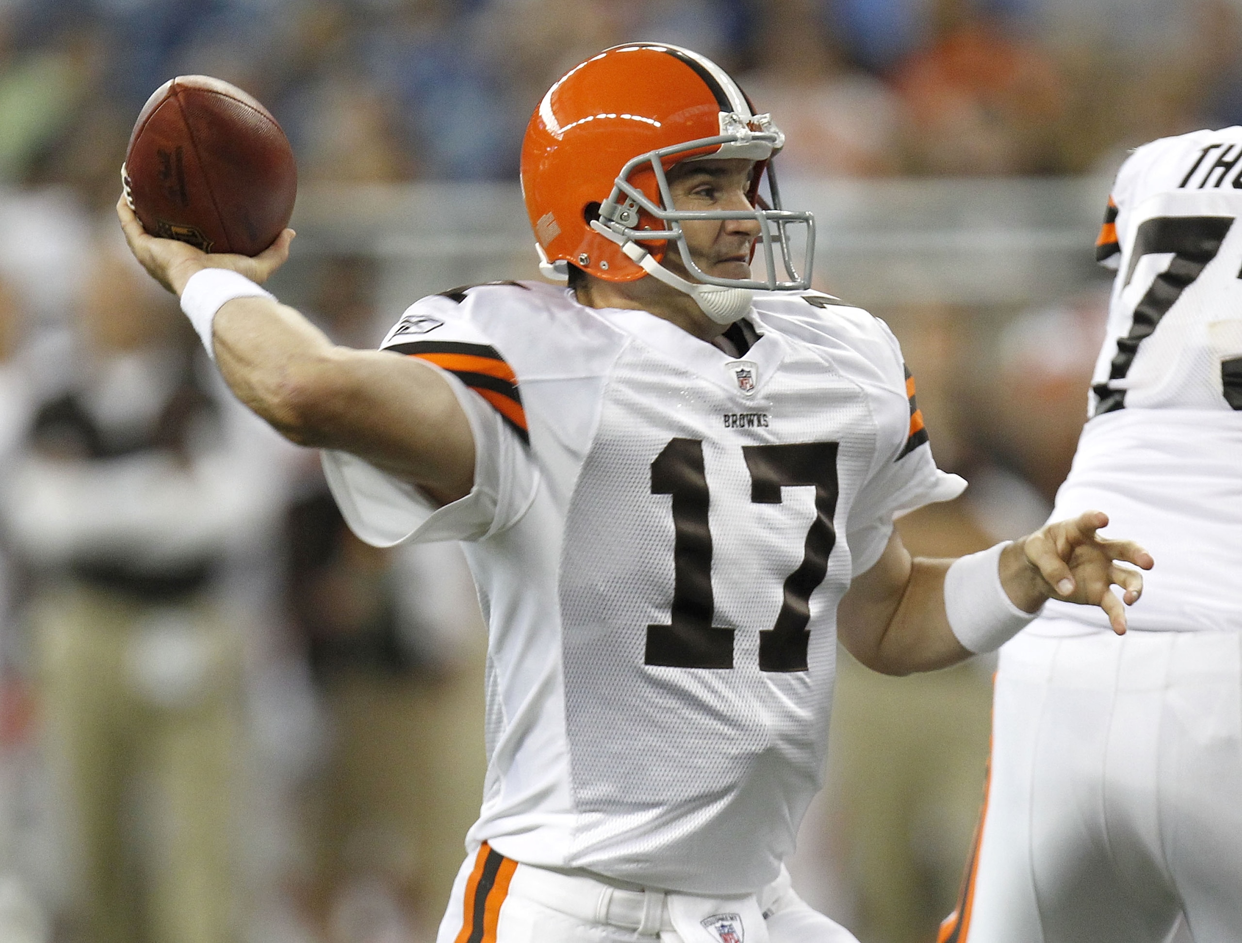 DETROIT - AUGUST 28: Jake Delhomme #17 of the Cleveland Browns throws a first quarter pass while playing the Detroit Lions during preseason game on August 28, 2010 at Ford Field in Detroit, Michigan. (Photo by Gregory Shamus/Getty Images) DETROIT - AUGUST 28: Jake Delhomme #17 of the Cleveland Browns throws a first quarter pass while playing the Detroit Lions during preseason game on August 28, 2010 at Ford Field in Detroit, Michigan. (Photo by Gregory Shamus/Getty Images)